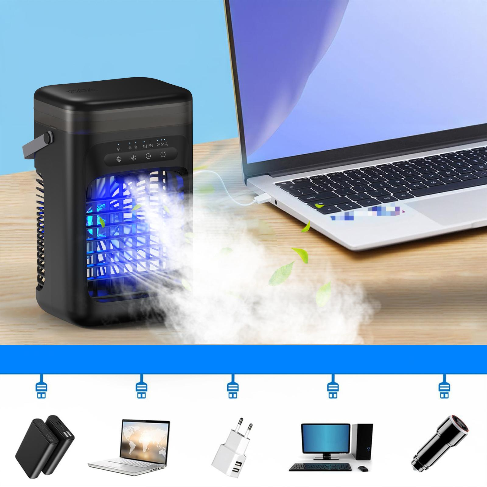 Tragbarer Luftkühler, der Luft in einen Laptop bläst, mit verschiedenen Geräten darunter. Blau-weißer Hintergrund.