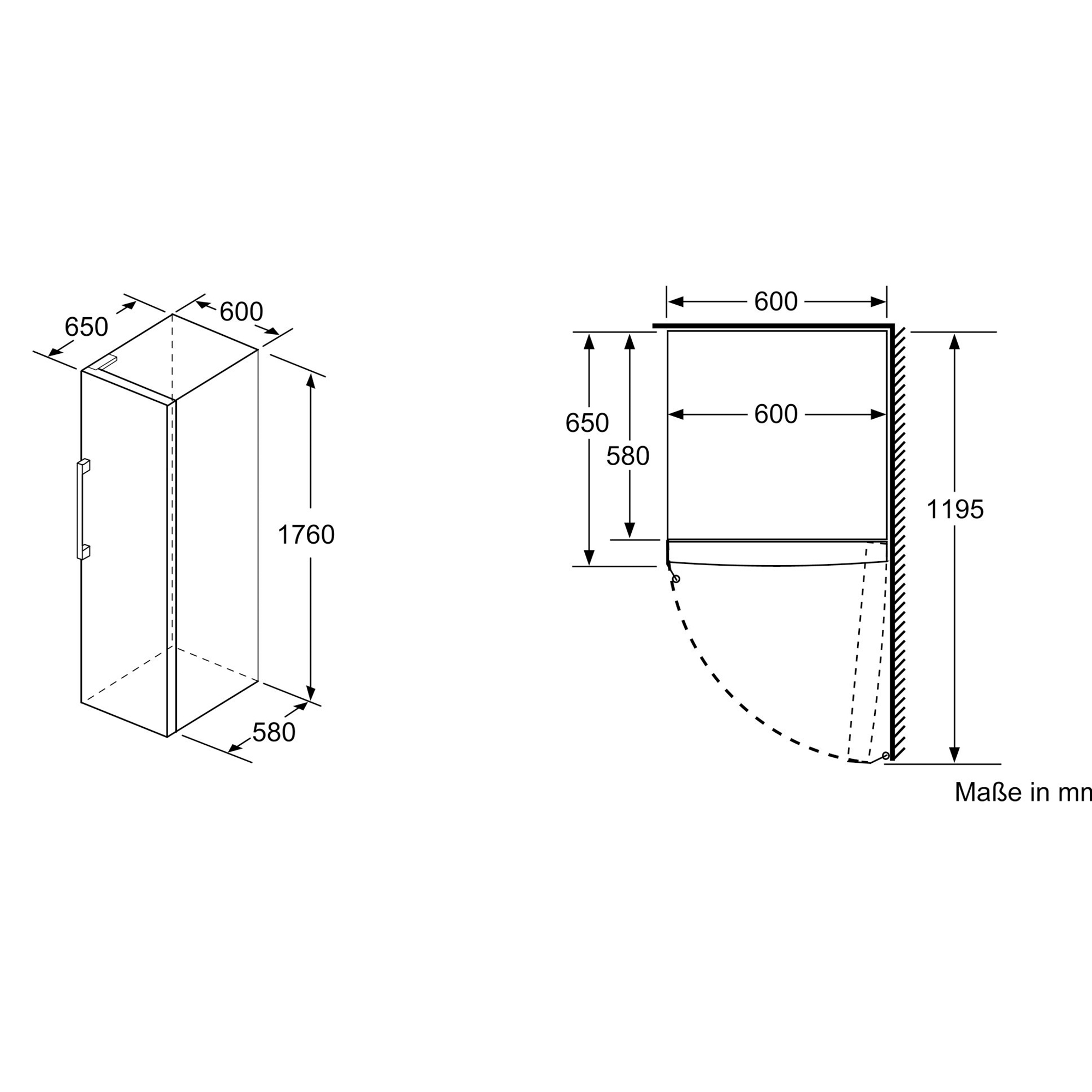 Diagramm mit Abmessungen eines Kühlschranks. Zeigt Vorder- und Seitenansichten mit Maßen.