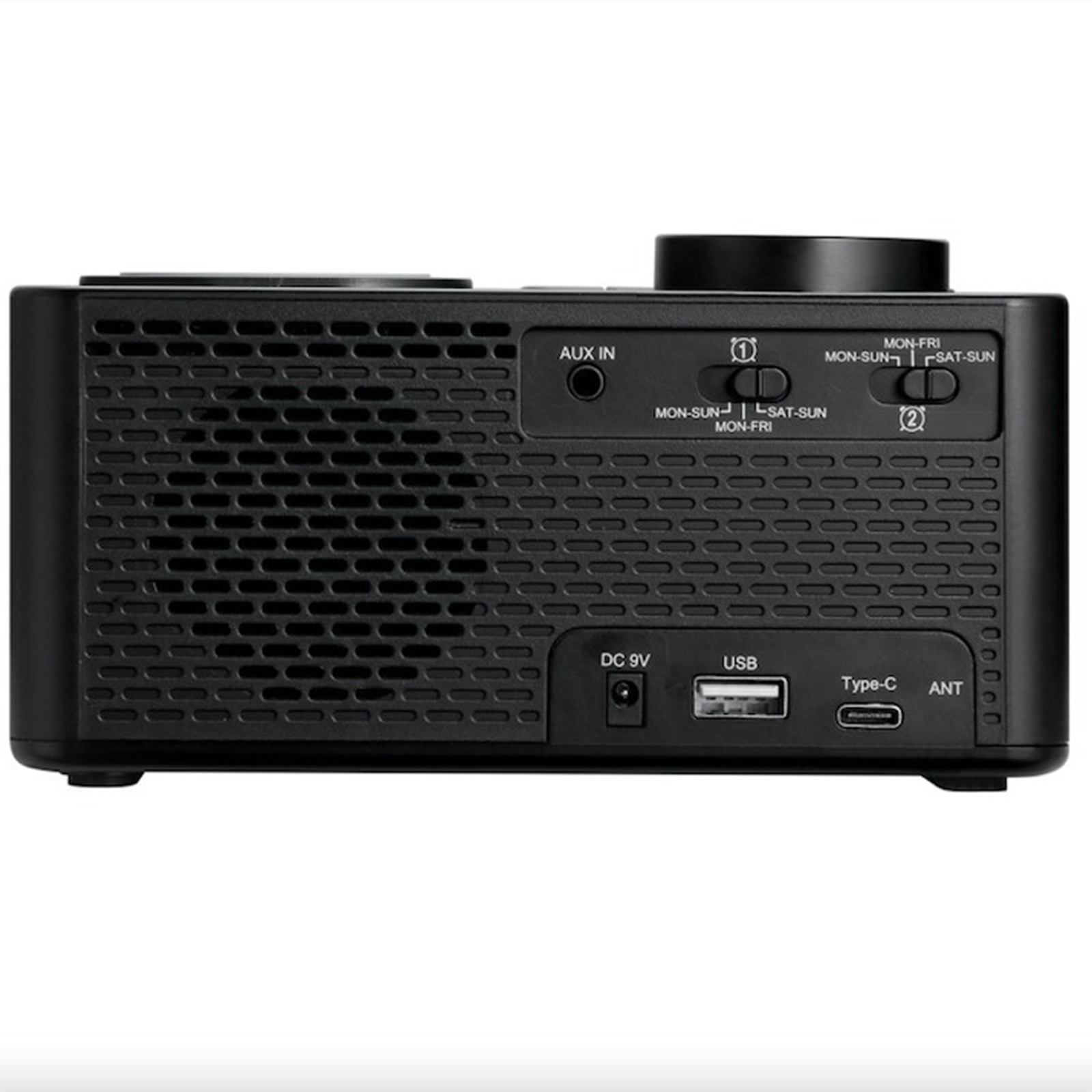 Ein schwarzes Radiowecker mit Knöpfen und Lautsprecher, mit Eingängen und Ausgängen.