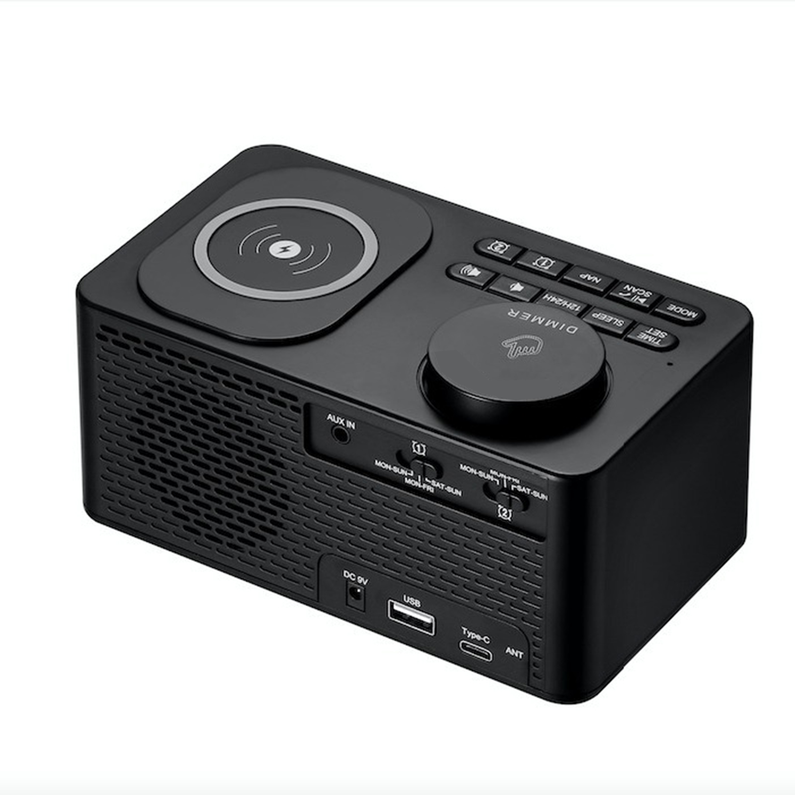 Schwarzes Radiowecker mit kabelloser Ladefläche. Weißer Hintergrund.