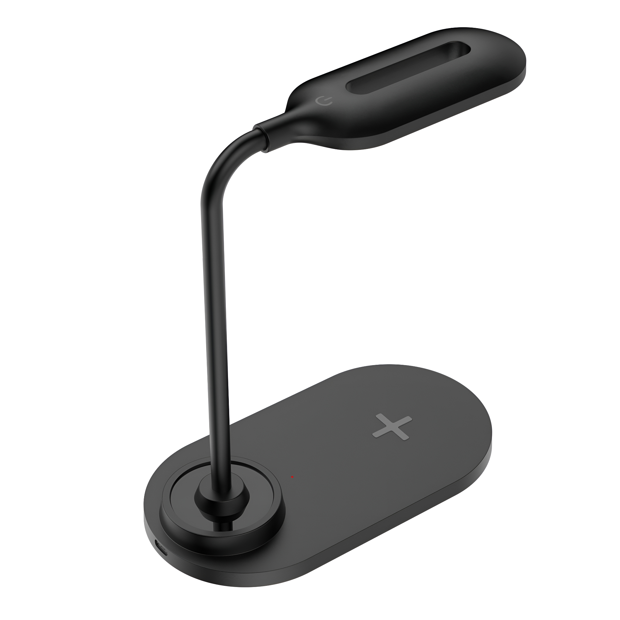Schwarze Schreibtischlampe mit kabelloser Ladebasis. Weißer Hintergrund.