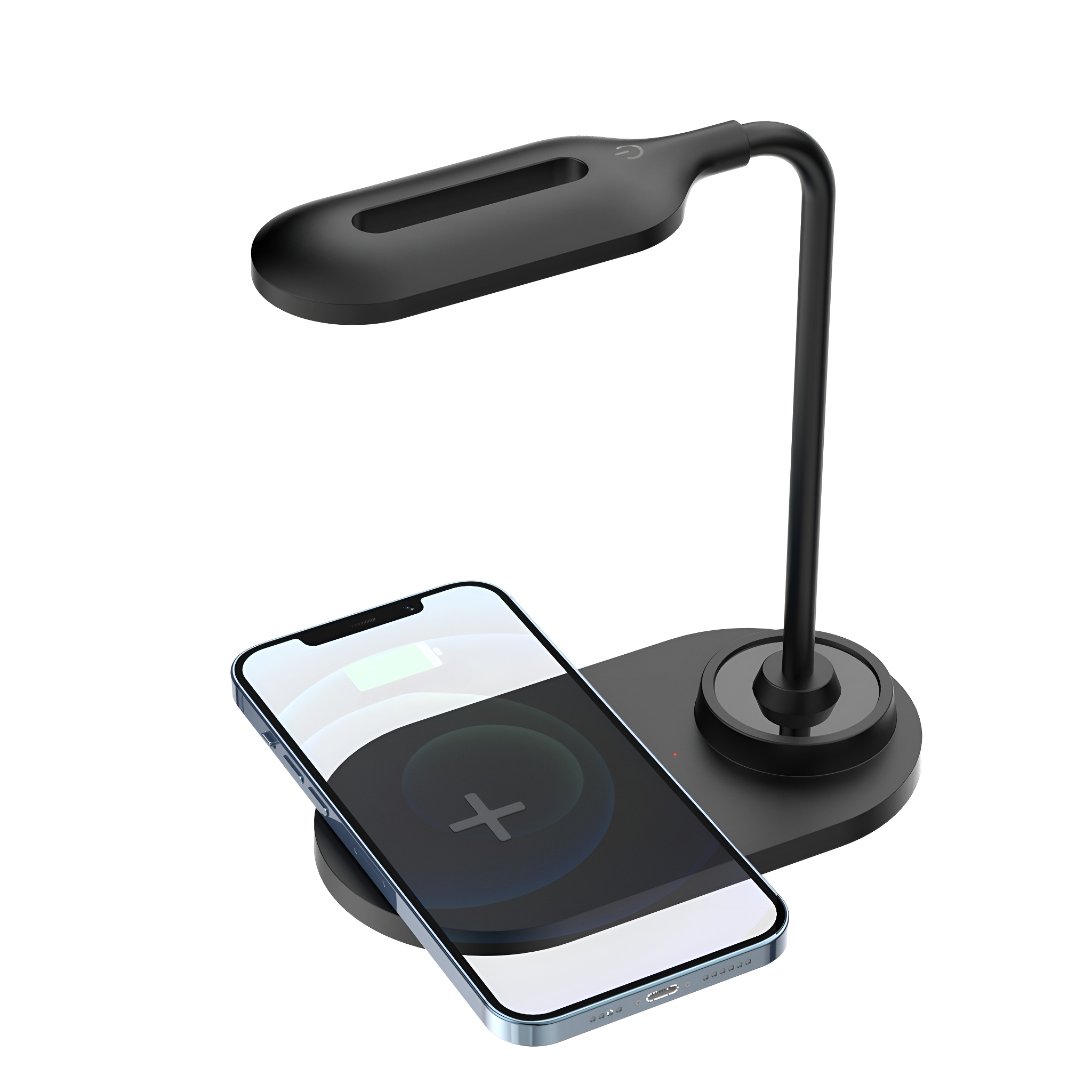 Schwarze Schreibtischlampe mit einem Telefon, das auf der Basis geladen wird. Weißer Hintergrund.