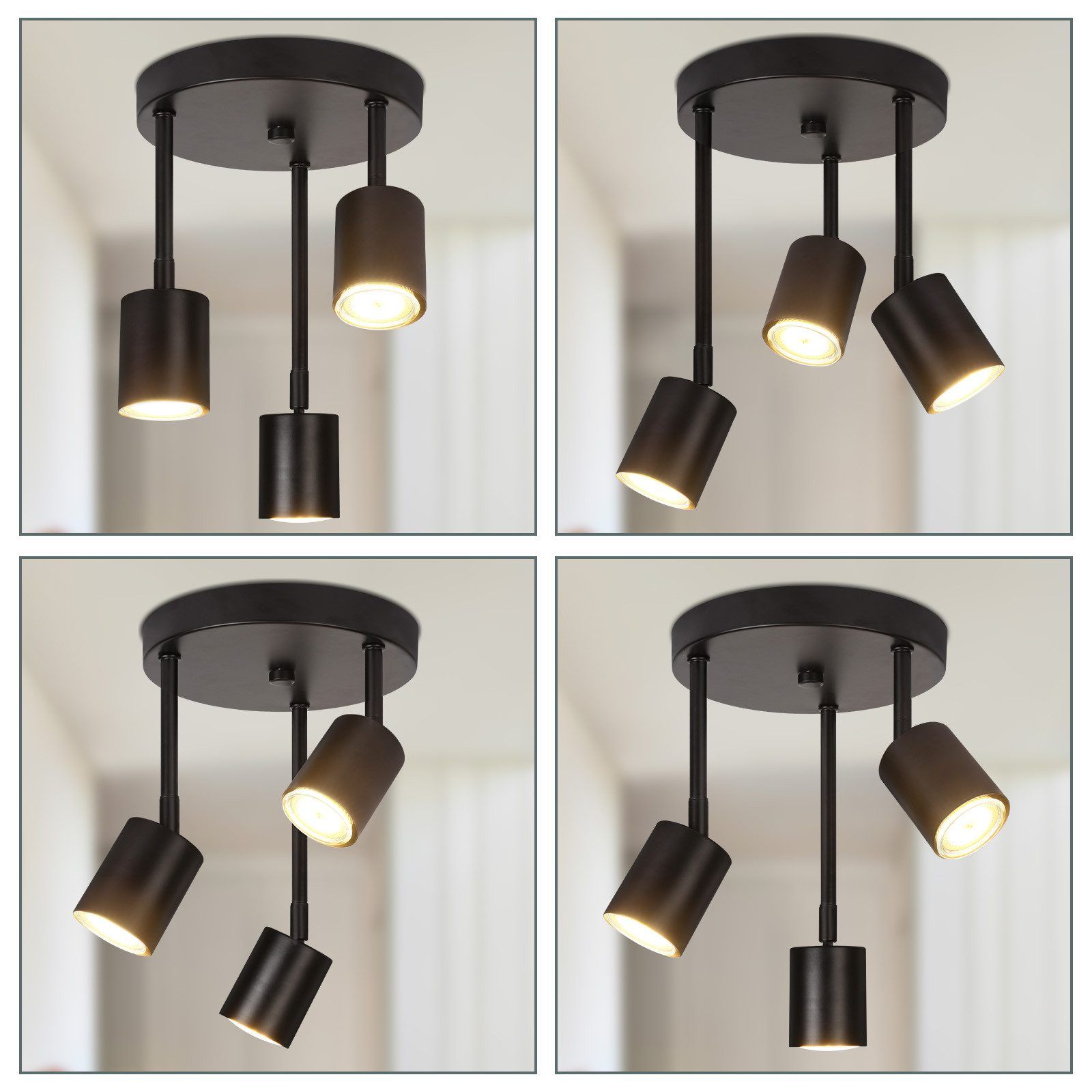 Cuatro luces colgantes negras con focos ajustables, dispuestas en forma cuadrada.