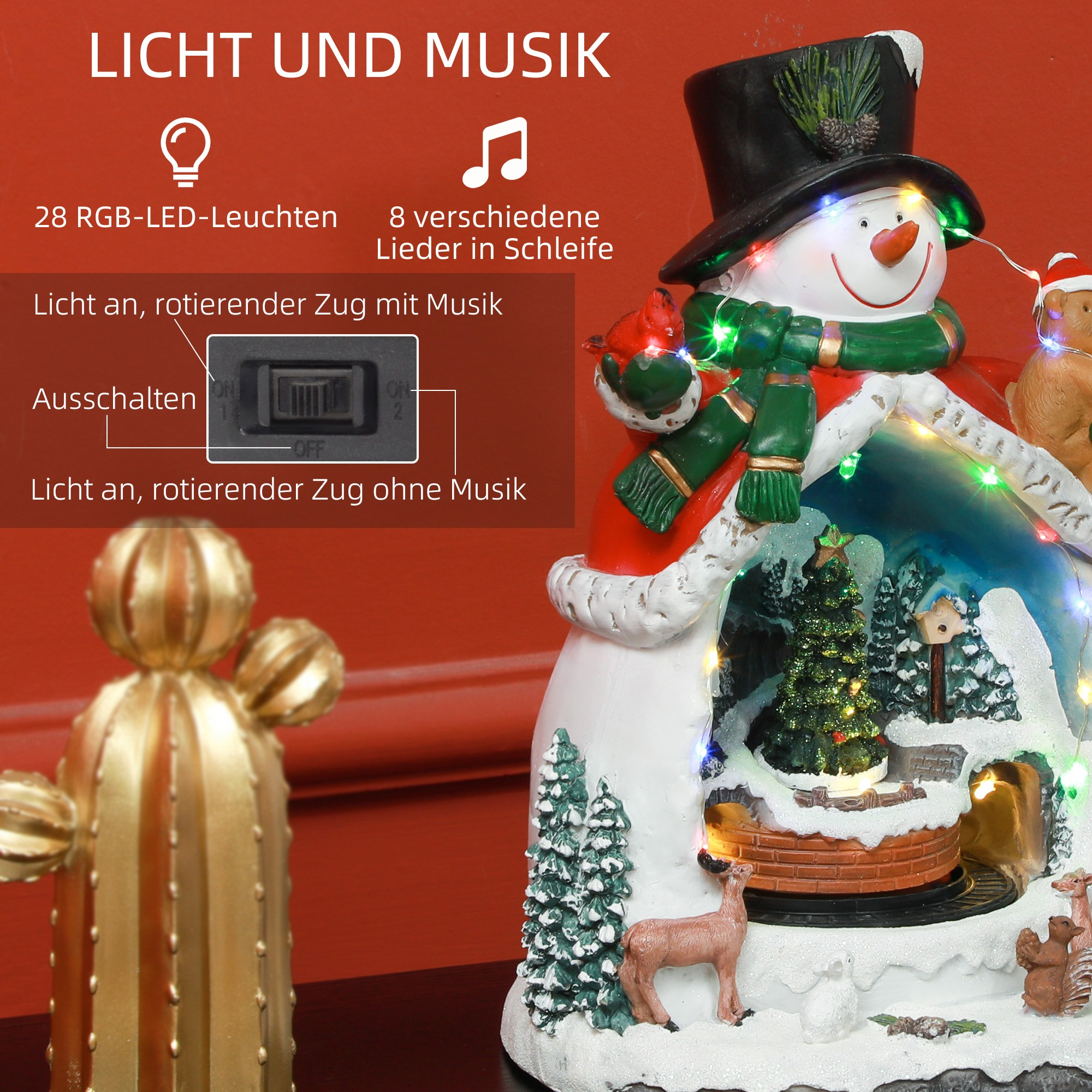 Schneemann-Weihnachtsschmuck mit Lichtern, Zug und verschiedenen Figuren. Schalterdetails sichtbar.