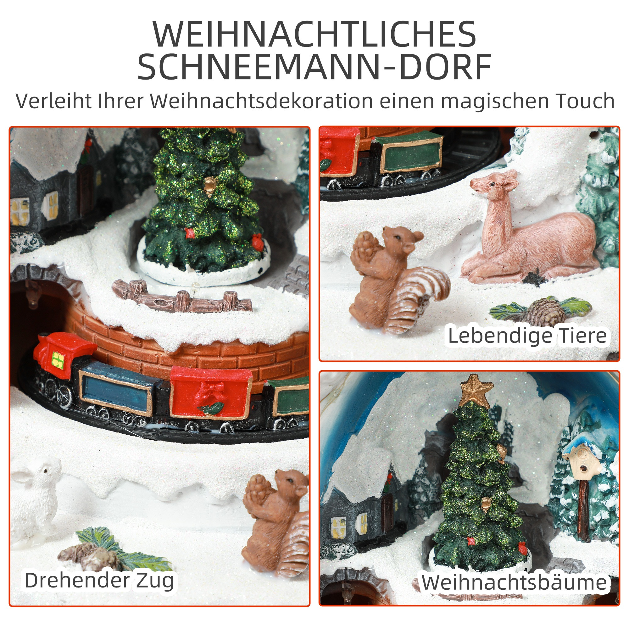 Weihnachtsdorf mit Zug, Bäumen und Tieren in verschneiter Umgebung.