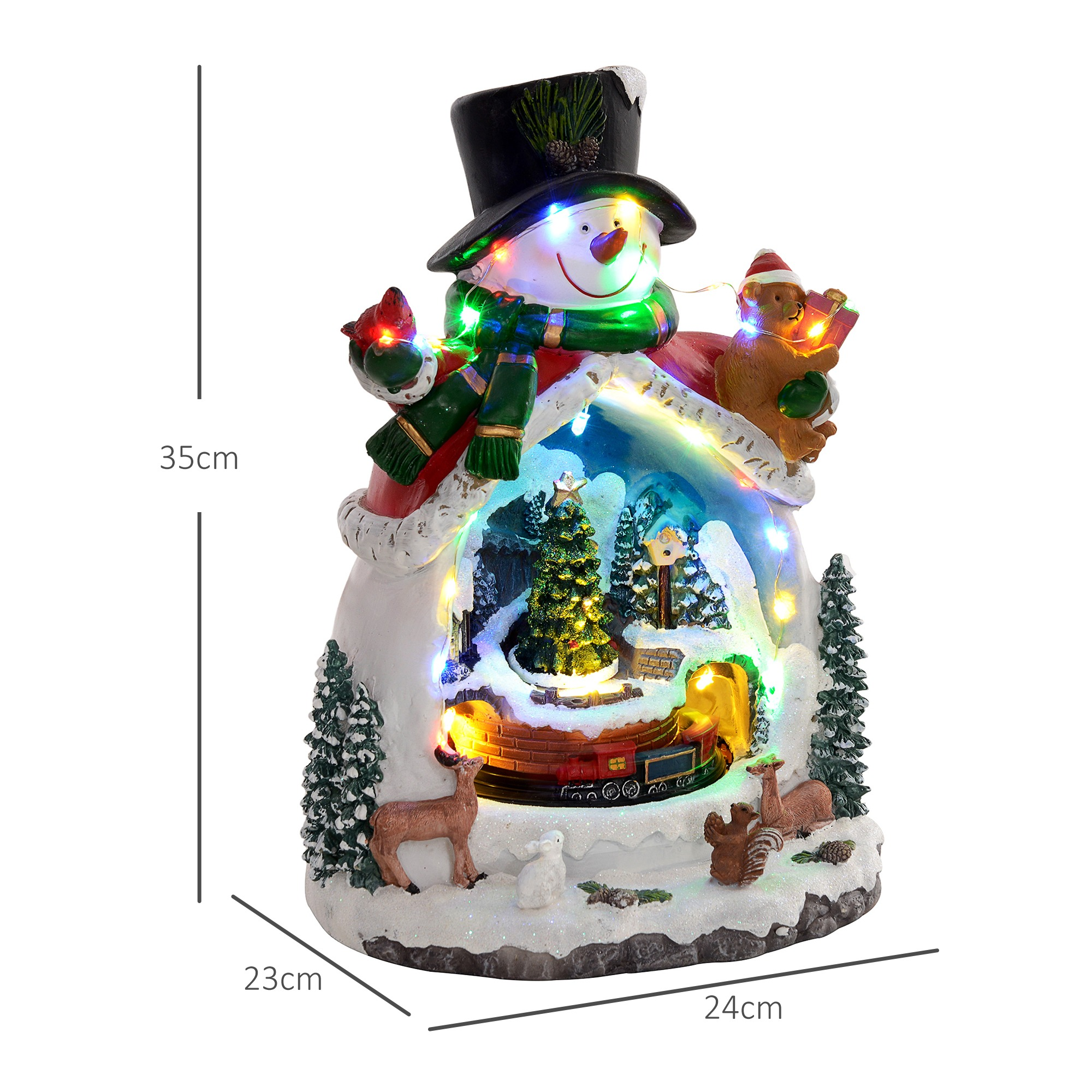 Eine Weihnachtsdekoration eines Schneemanns mit Zylinder und Schal, mit Lichtern geschmückt, mit einer Winterszene.