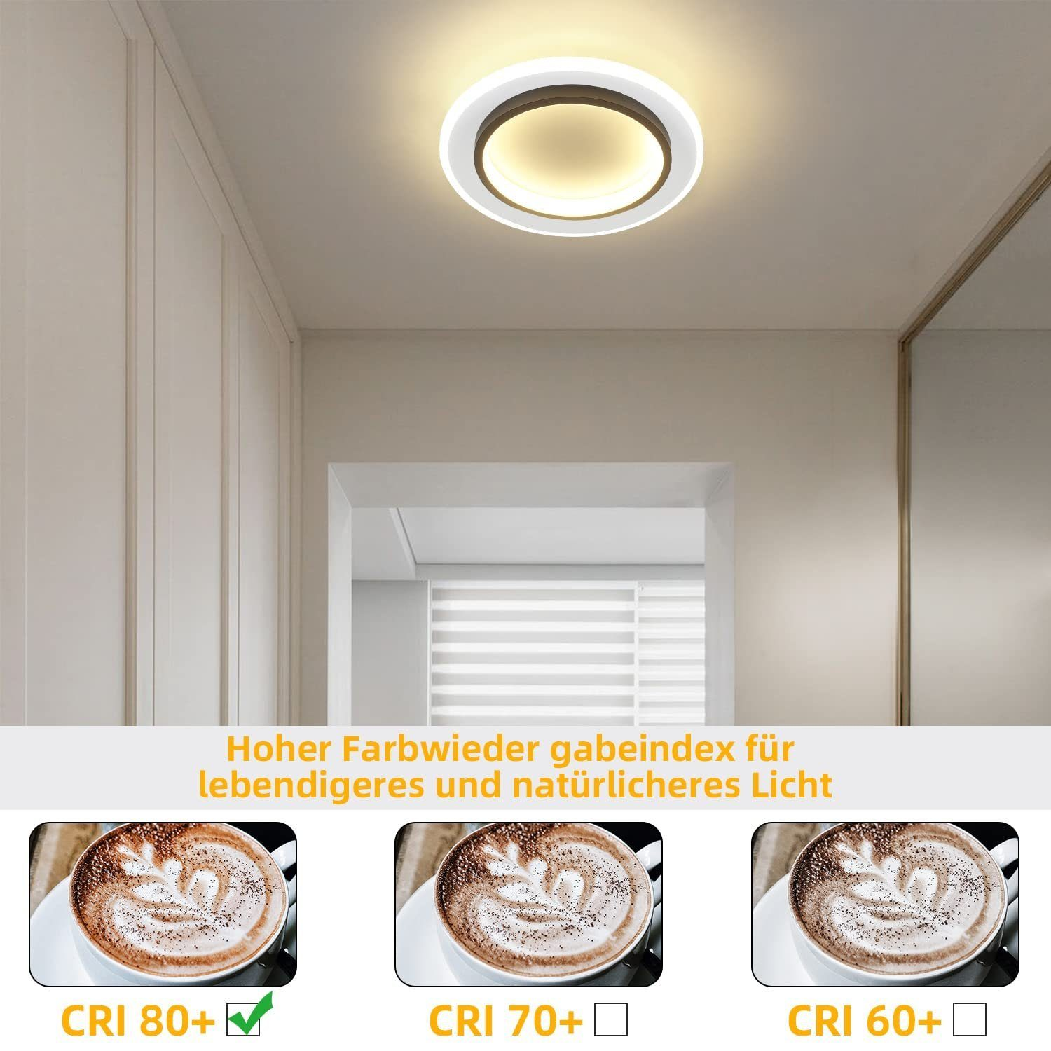 Deckenleuchte mit kreisförmigem Design. Zeigt den Effekt verschiedener Farbwiedergabeindizes.