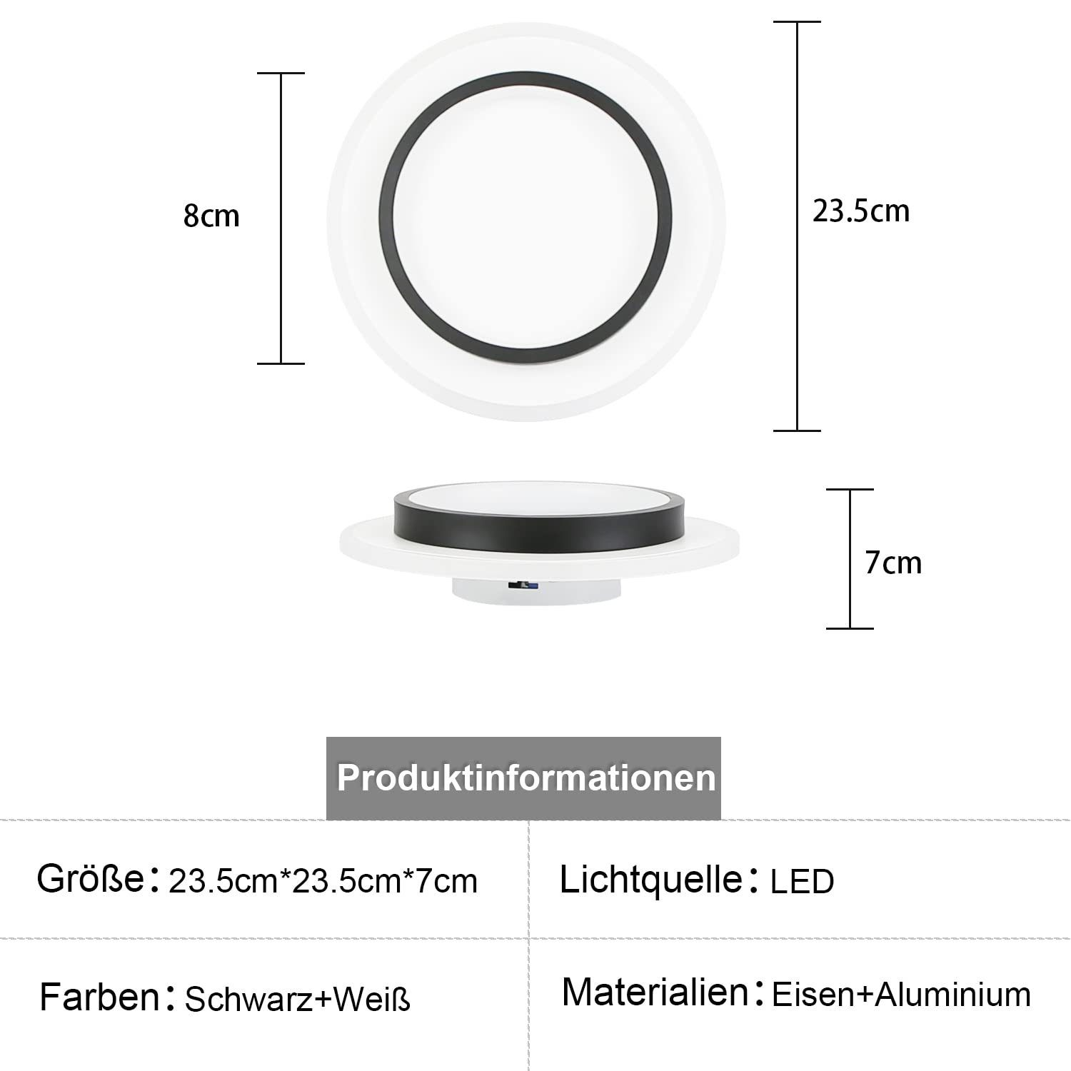Eine weiße, runde LED-Lampe mit schwarzem Rand. Die Produktinformationen umfassen Abmessungen und verwendete Materialien.