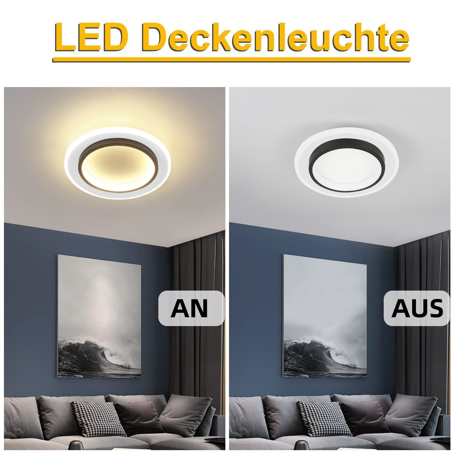 Ein Wohnzimmer mit moderner Deckenleuchte, an und aus.