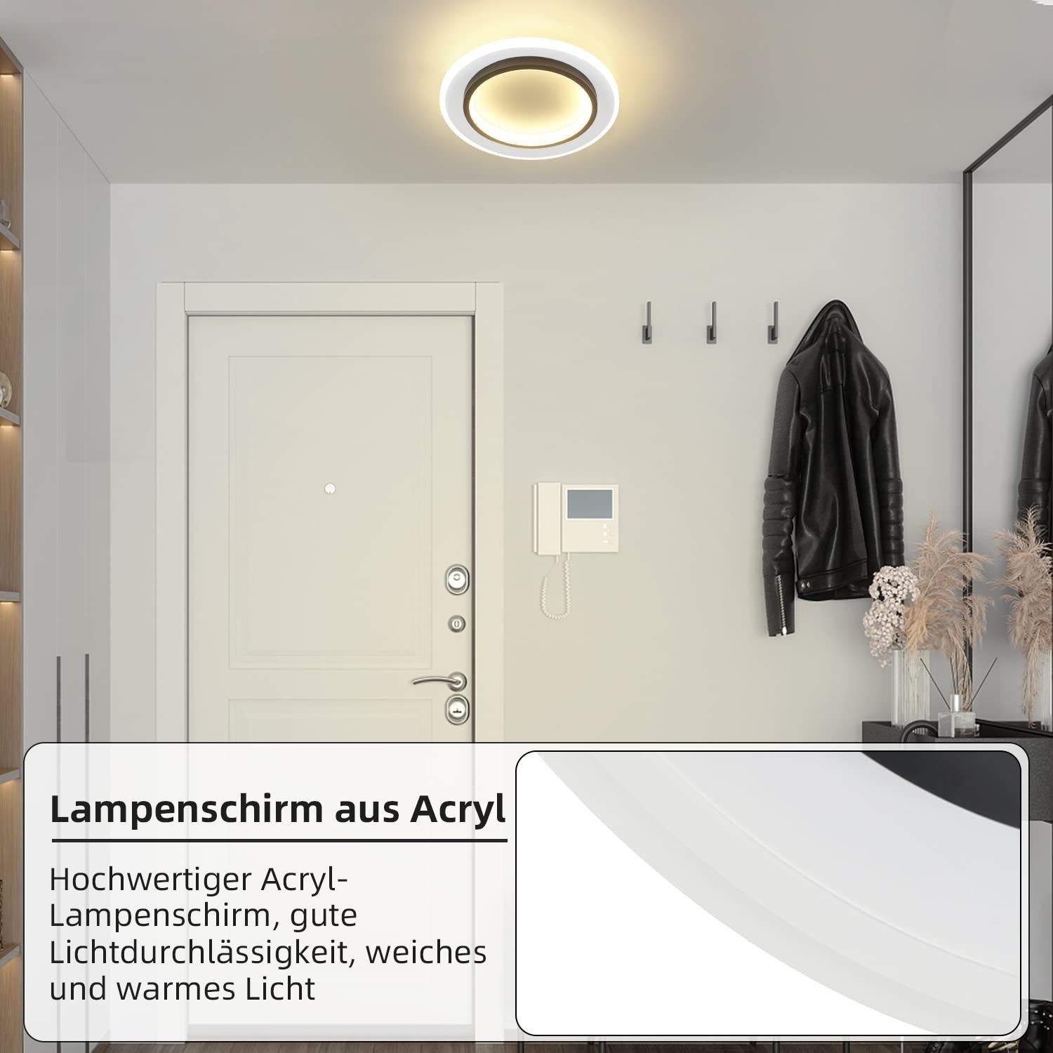Ein moderner Flur mit Deckenleuchte und weißer Tür.