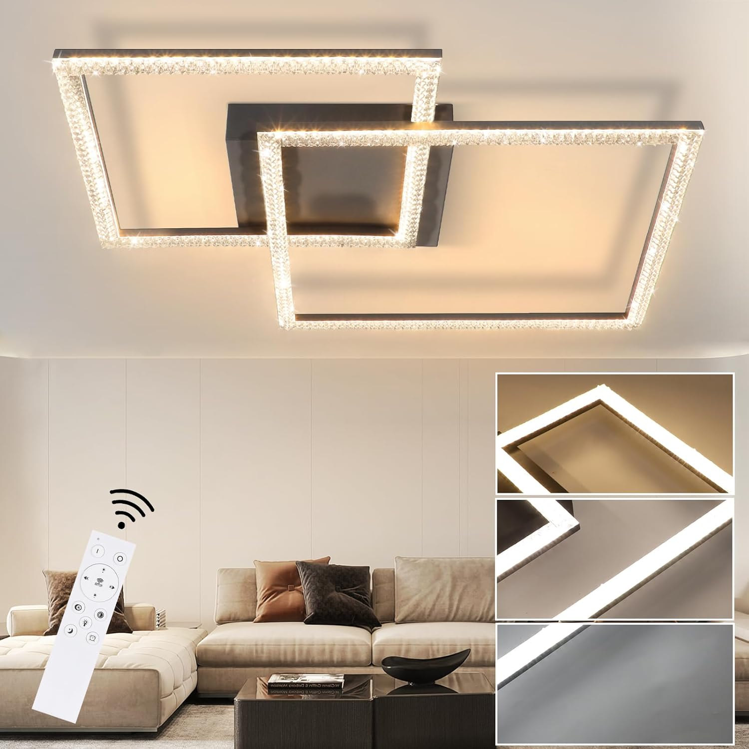 Eine moderne Deckenleuchte mit Fernbedienung und verschiedenen Lichteinstellungen.