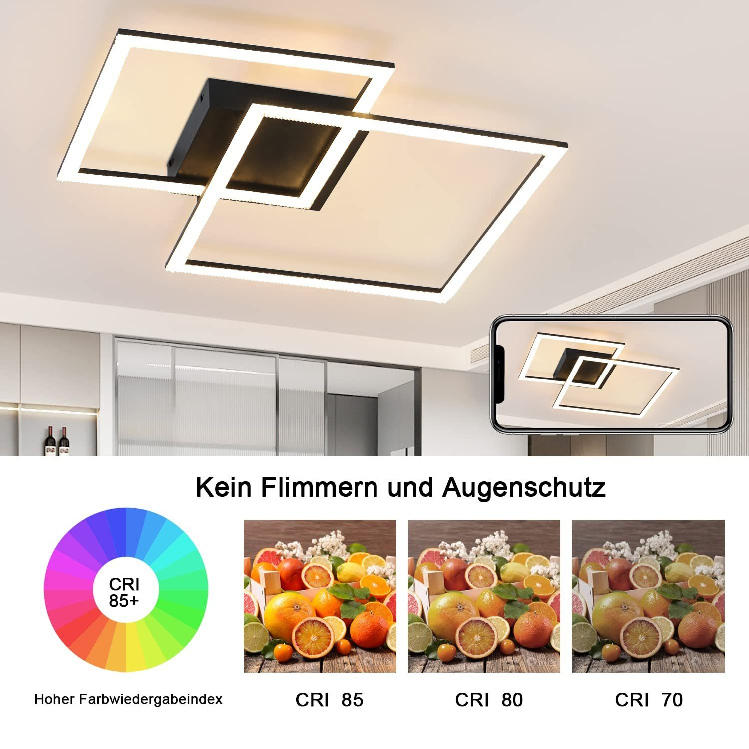 Eine moderne Deckenleuchte mit verschiedenen Früchten und unterschiedlichen CRI-Werten.
