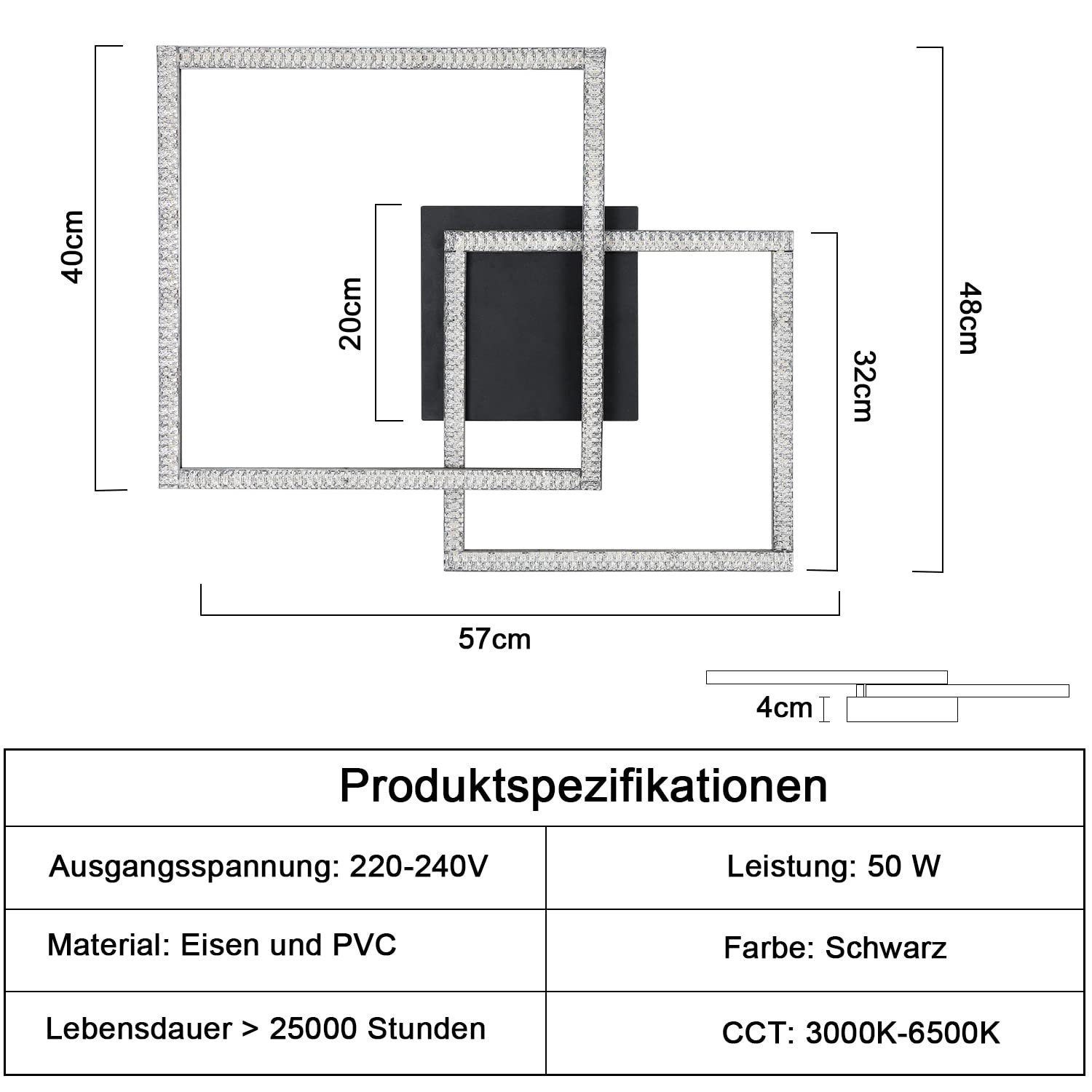Diagramm einer modernen quadratischen Deckenlampe mit den Abmessungen in cm und den Spezifikationen in der Tabelle.