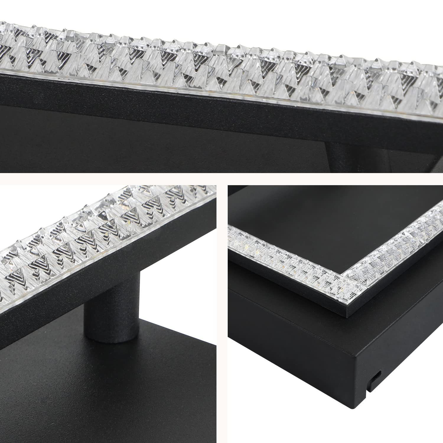 Nahaufnahme einer modernen schwarzen Lampe mit kristallartigem Kantendesign und einem detaillierten Metallsockel.