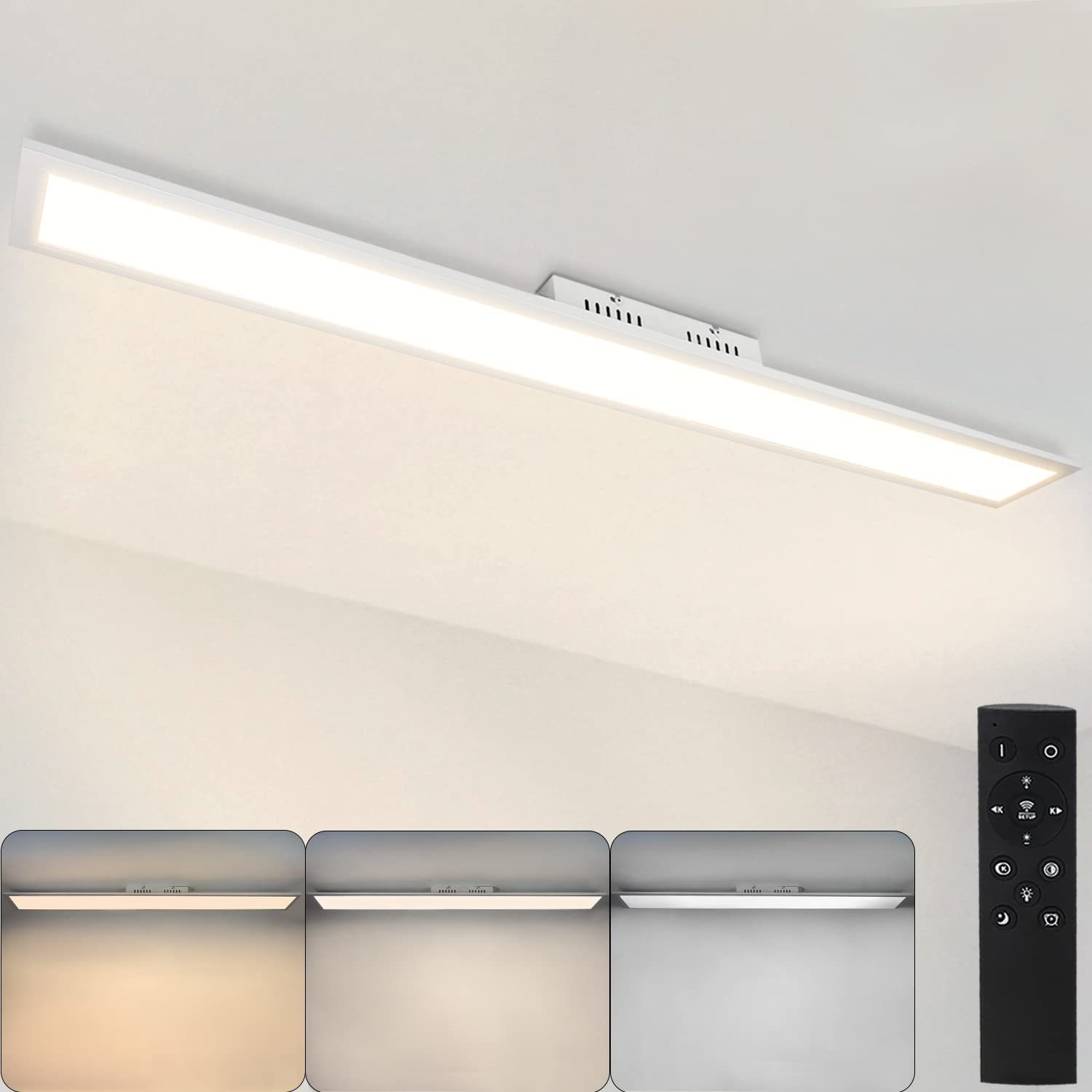 Eine weiße, rechteckige LED-Deckenleuchte mit Fernbedienung, die verschiedene Lichteinstellungen zeigt.
