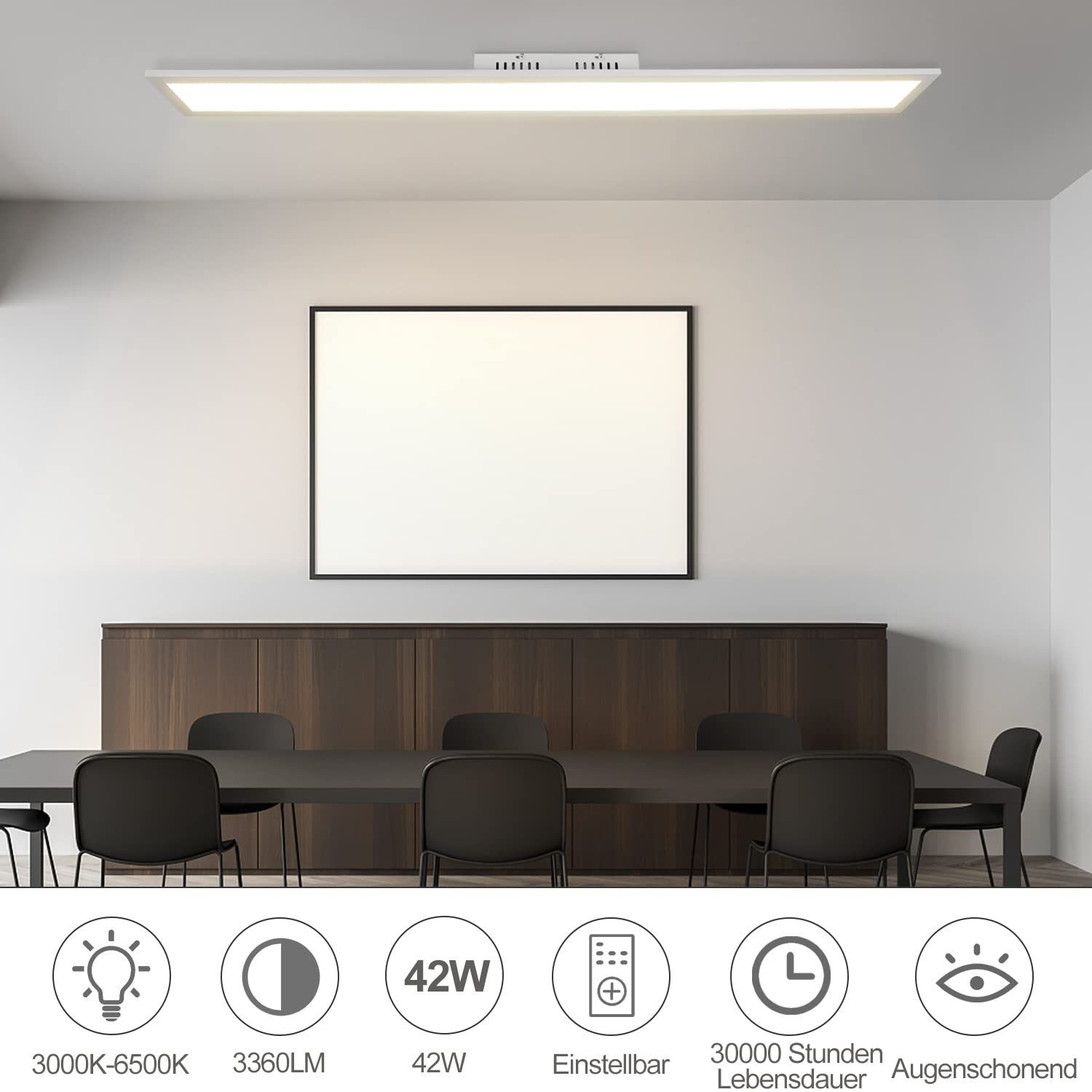 Ein Konferenzraum mit langem Tisch, Stühlen und einem weißen, gerahmten Kunstwerk. Oben eine LED-Leuchte.