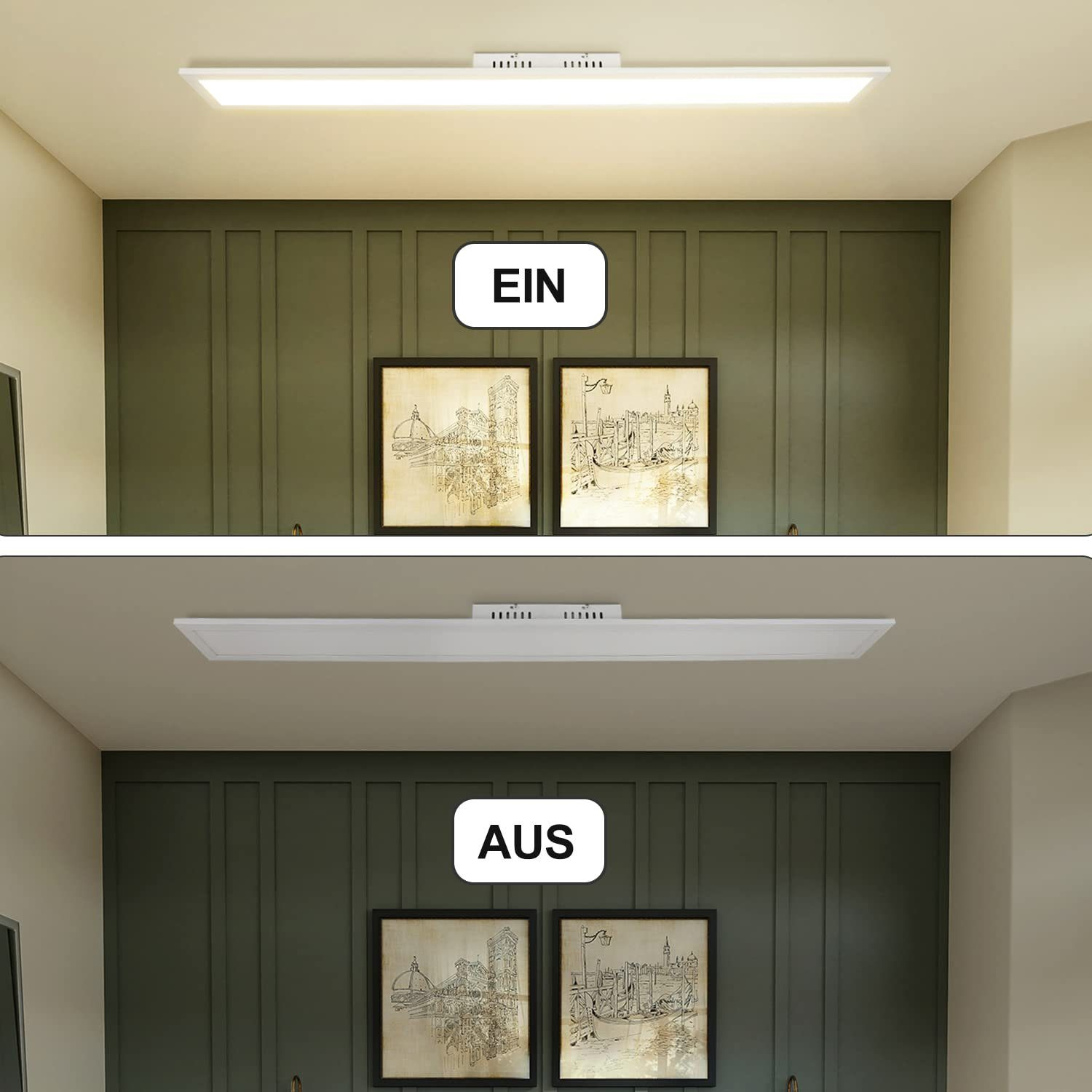 Zwei Bilder einer Deckenleuchte. Eins ist an, beschriftet mit 'EIN', das andere ist aus, beschriftet mit 'AUS'.