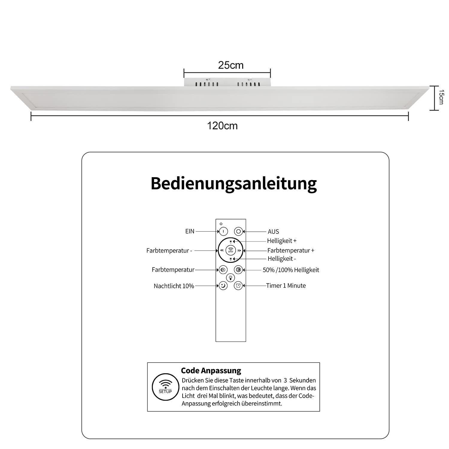 Weiße rechteckige Deckenleuchte mit Anweisungen und Fernbedienung. Anzeige zeigt Lichteinstellungen.