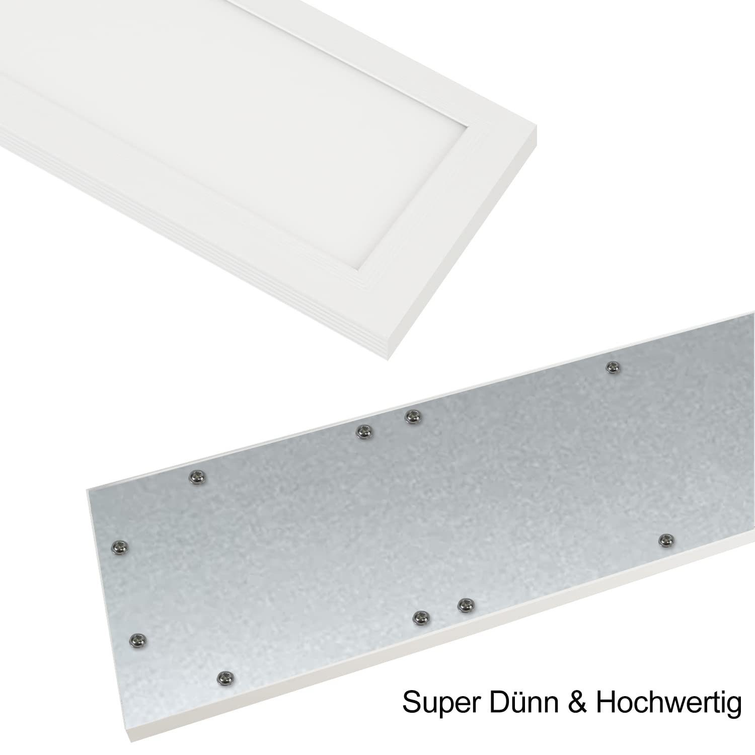 Weißes LED-Panel mit Metallrückseite und Schrauben. Text sagt 'Super Dünn & Hochwertig'.