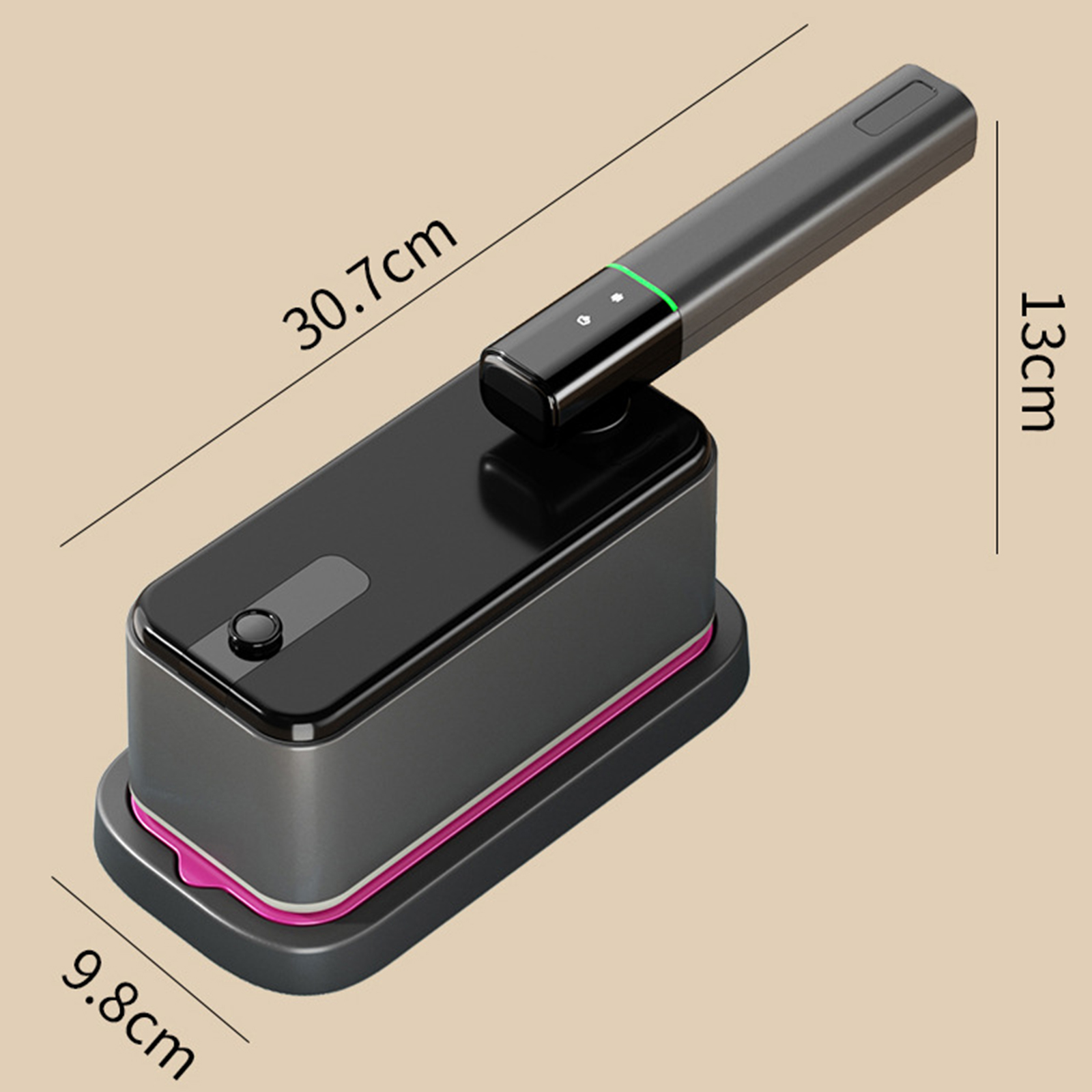 Kompaktes schwarz-graues Gerät mit rosa Basis. Abmessungen werden mit Pfeilen angegeben. Dunkler Hintergrund.