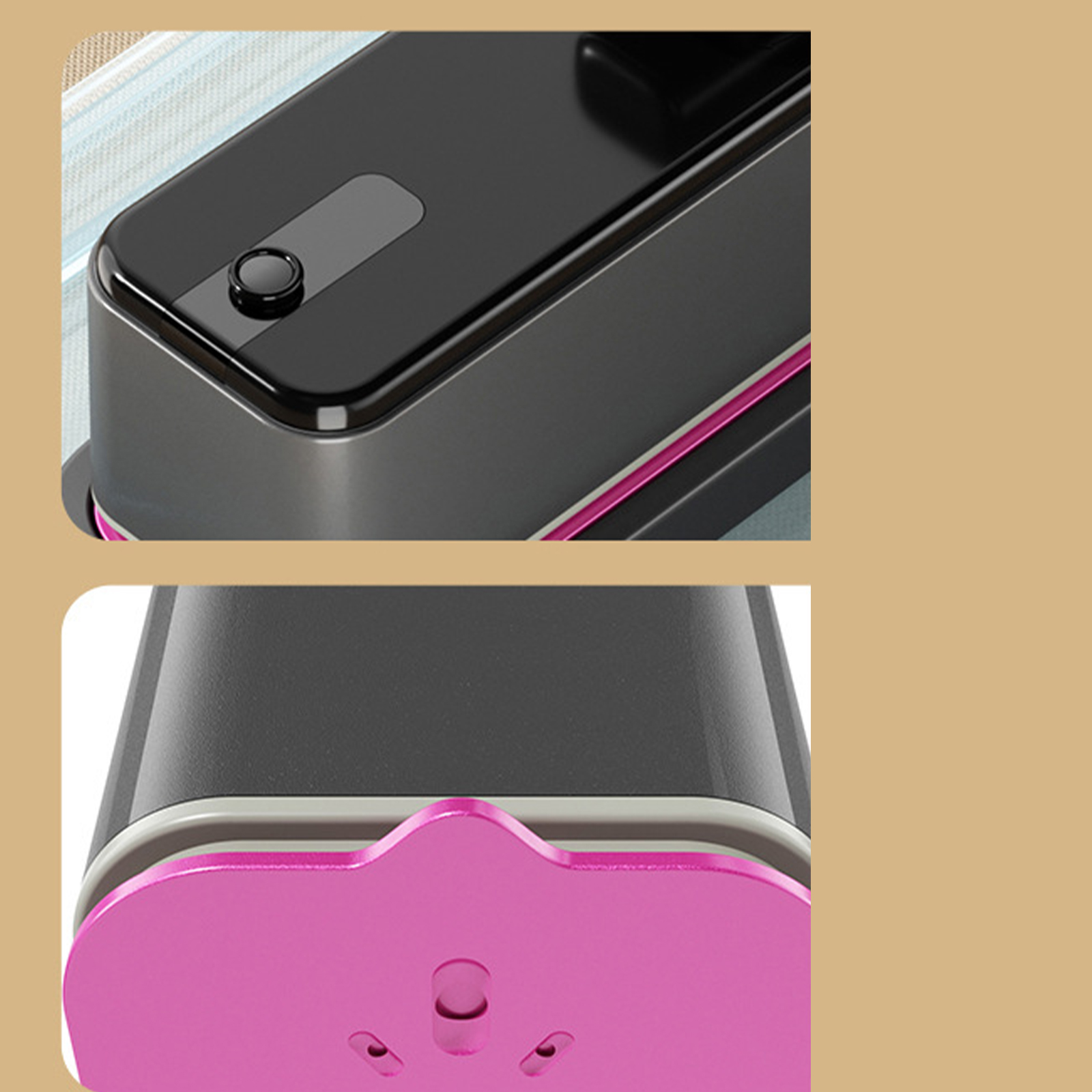 Nahaufnahme eines Geräts. Ober- und Unteransicht. Schwarze und rosa Details. Beigefarbener Hintergrund.