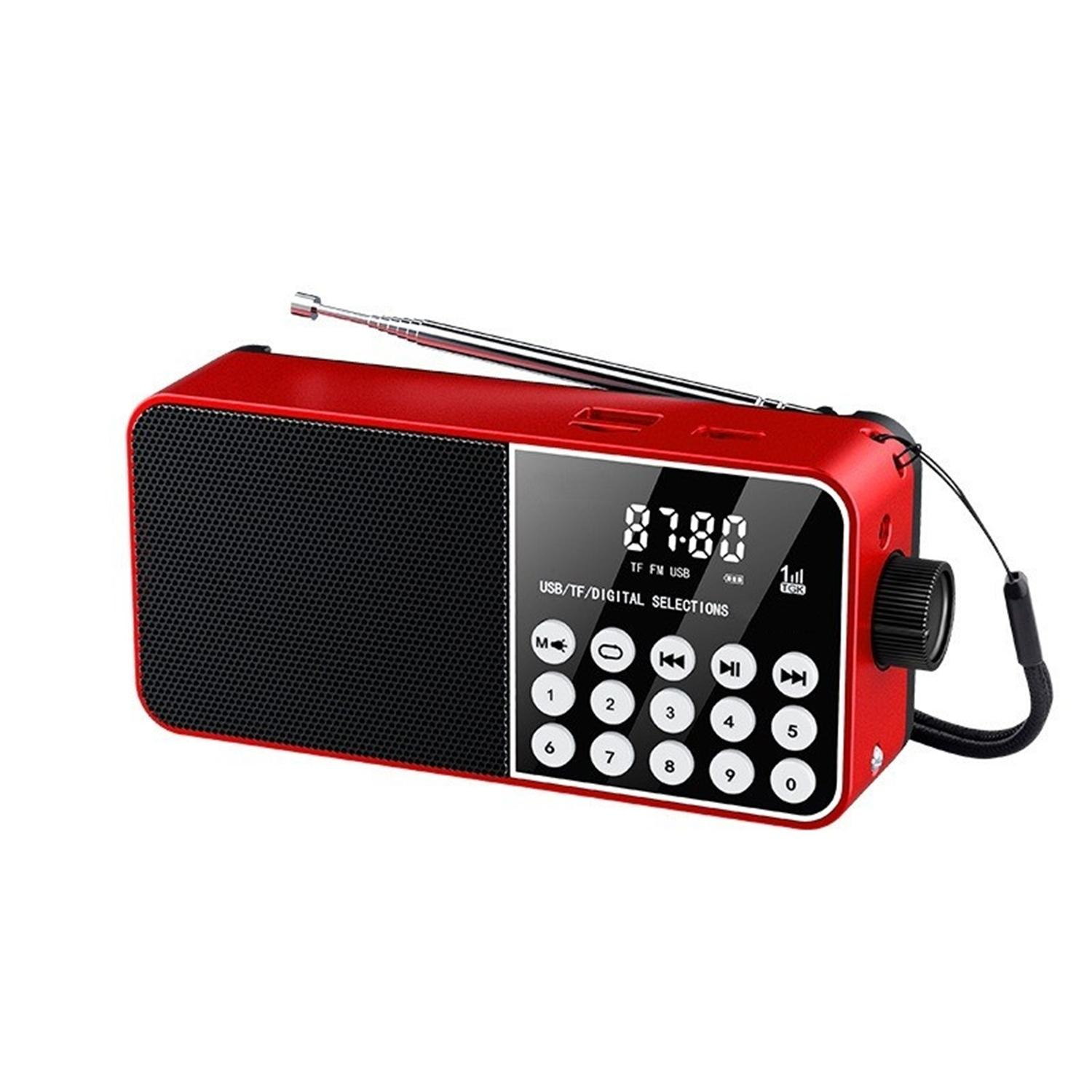 Rotes tragbares Radio mit schwarzem Lautsprecher und Display. Silberne Antenne, Knöpfe und Drehrad.
