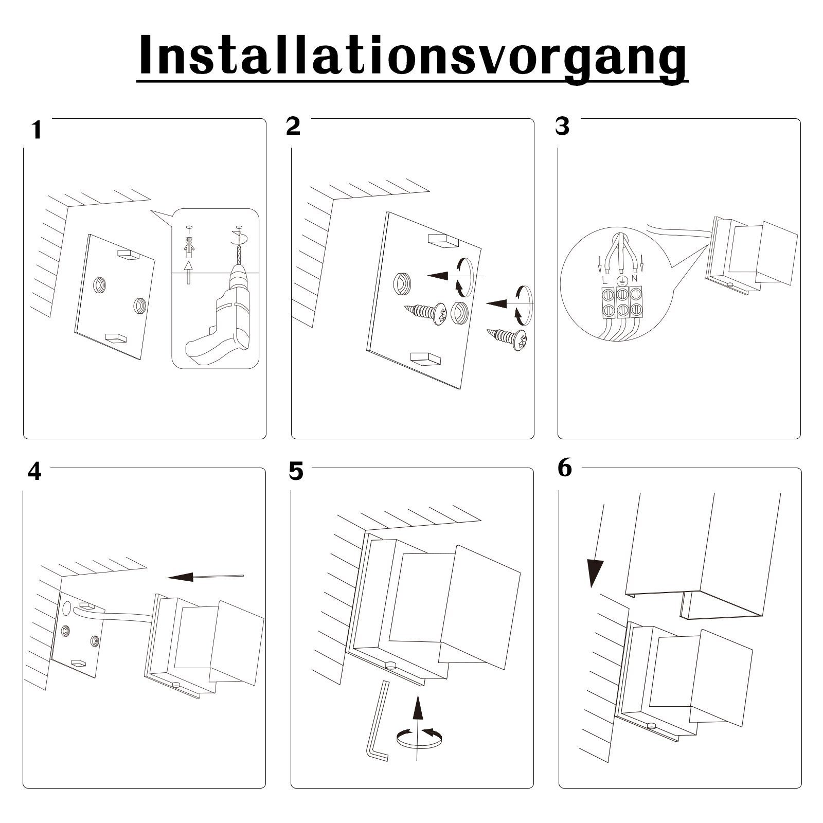 Diagramma delle fasi di installazione. Sei passaggi numerati mostrano come installare un dispositivo a parete.