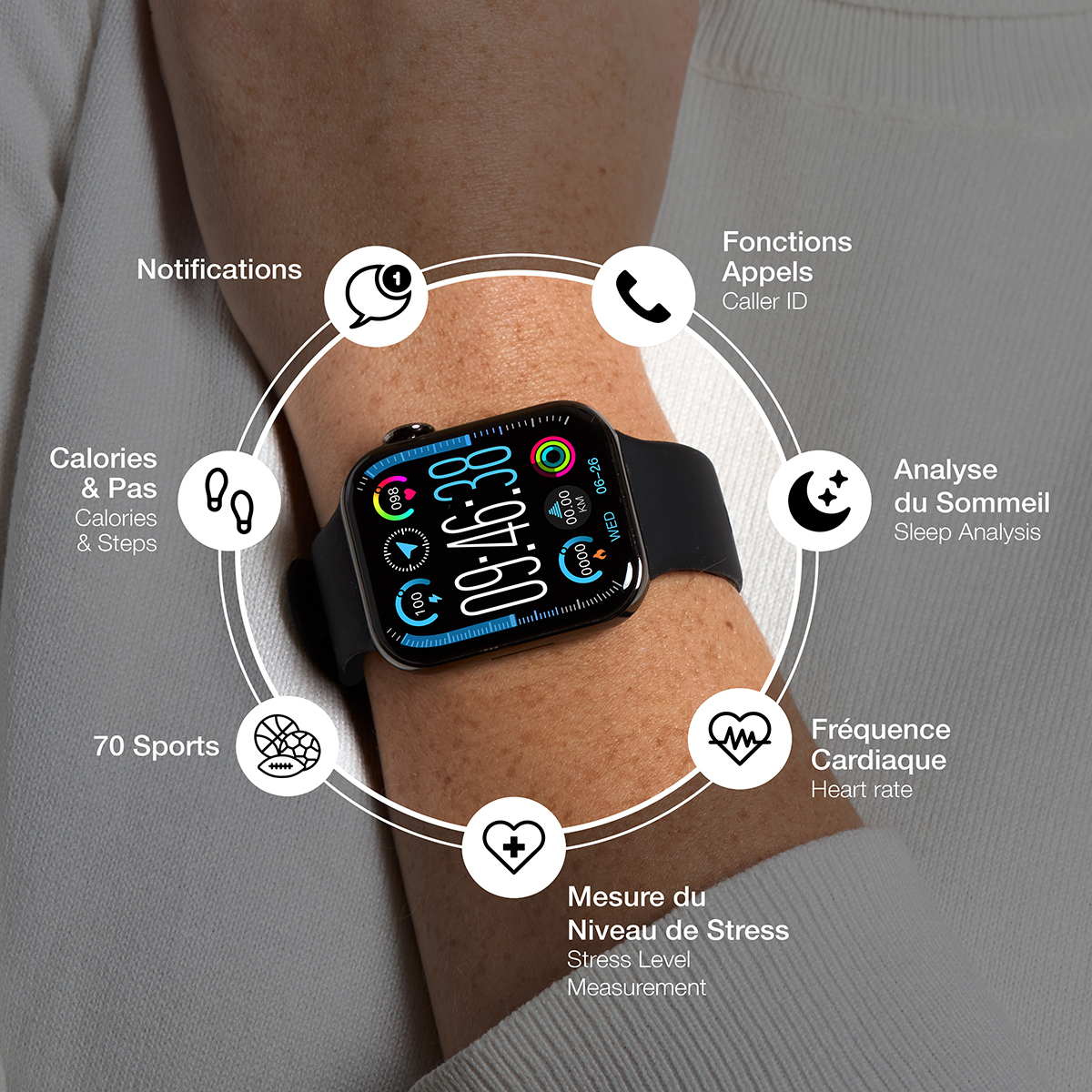 Montre connectée au poignet. Affiche des informations sur les calories, les pas, la fréquence cardiaque et l'analyse du sommeil.