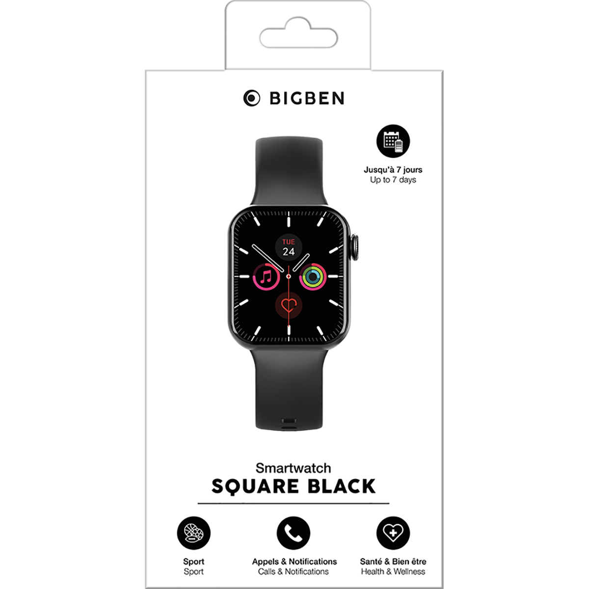 Smartwatch noire dans une boîte blanche. Affiche la date, l'heure et les icônes d'applications. Appels, sport, santé.