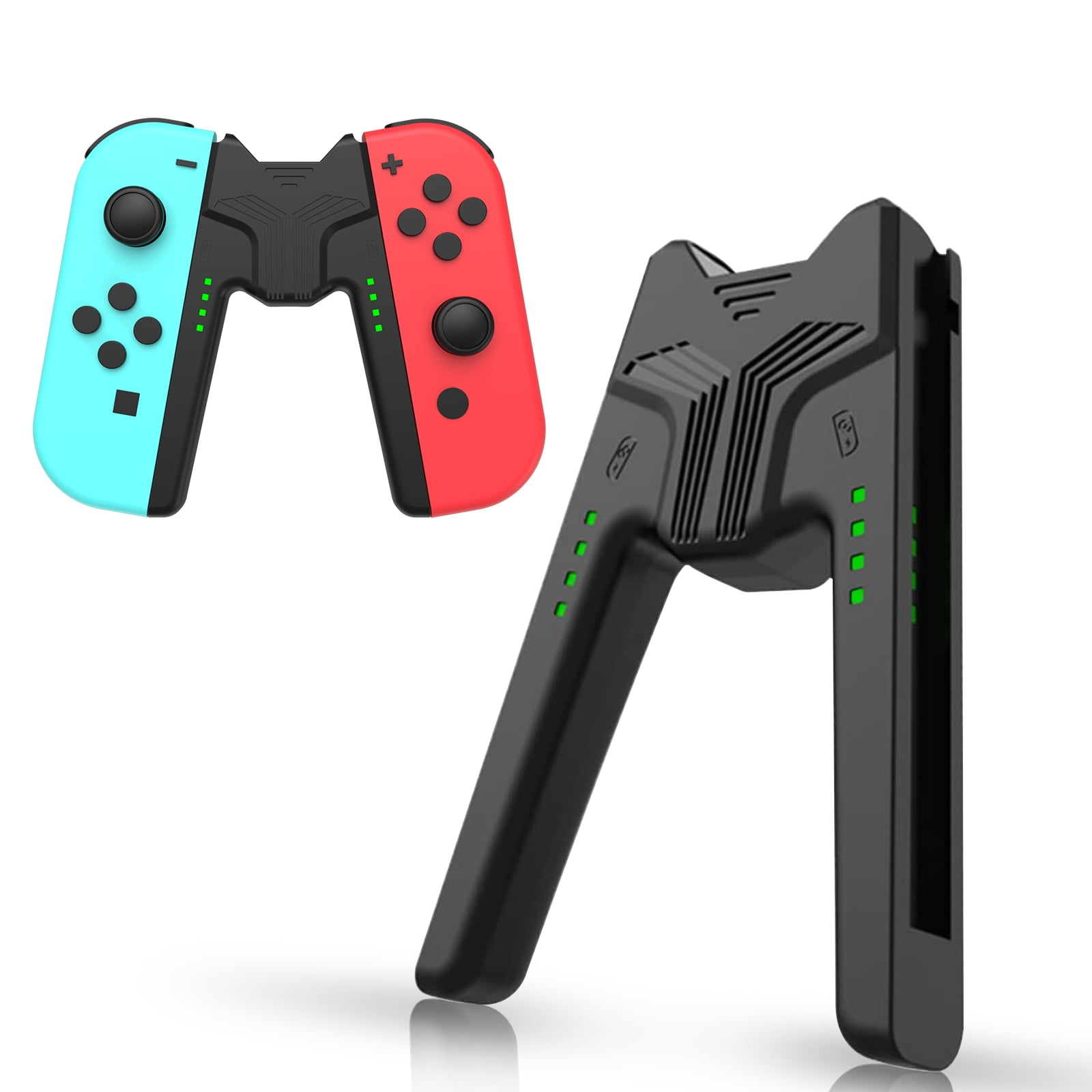 Schwarze und teal Switch-Controller und ein Ladegriff. Rote und blaue Controller sind enthalten.