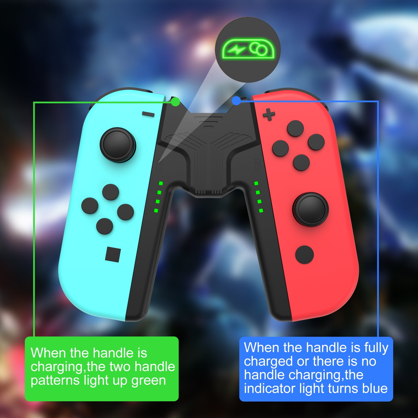 Blaue und rote Gaming-Controller an einer Ladestation. Anzeigen zeigen den Ladestatus.