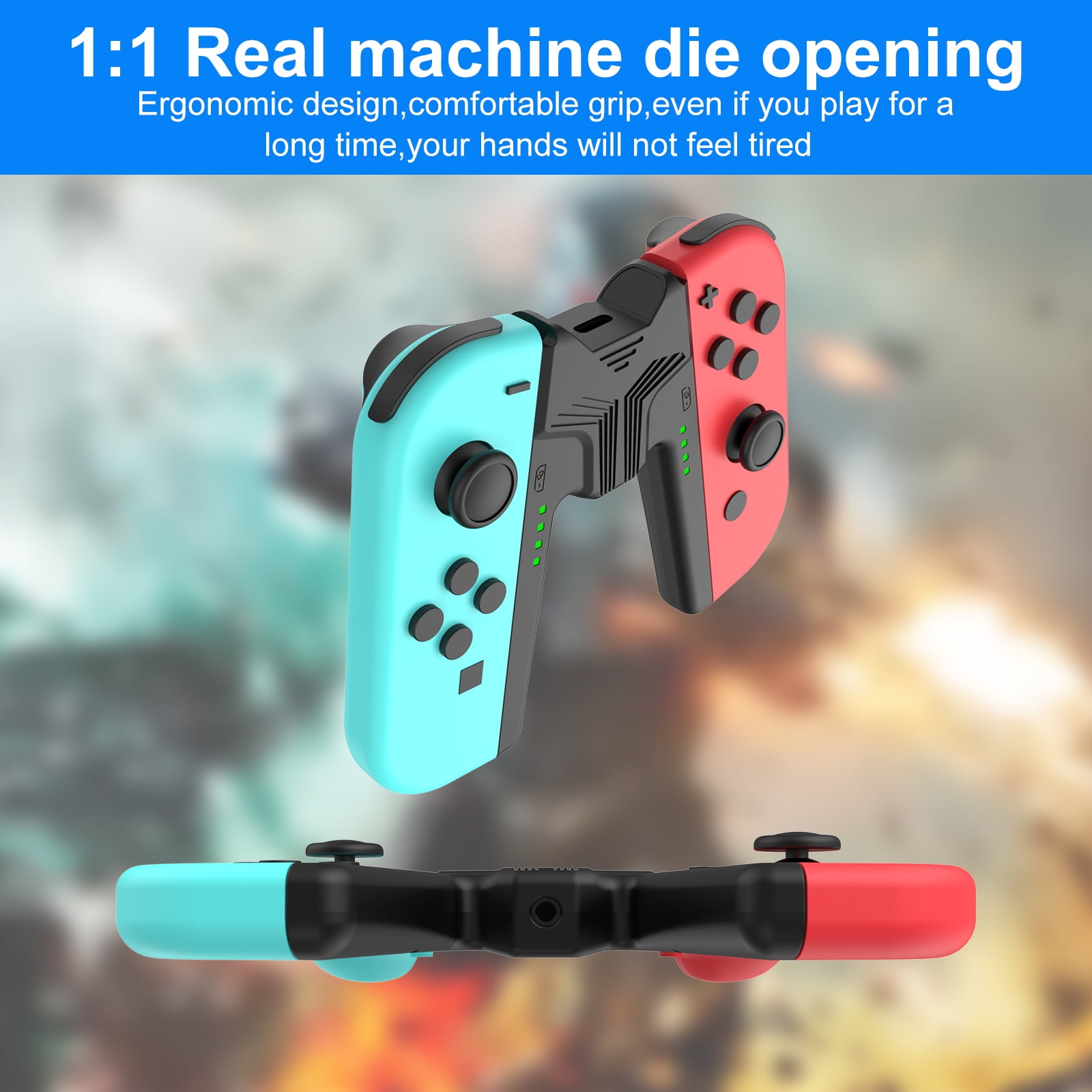 Spiel-Controller verbunden. Einer ist blau, der andere rot. Text sagt: Ergonomisches Design, komfortabler Griff.