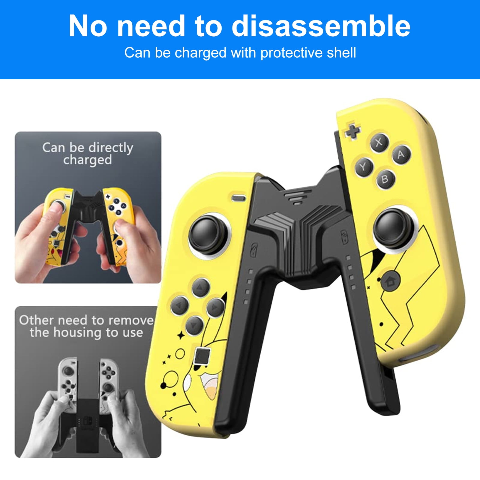 Gelbe Switch-Controller und ein Ladegriff. Ein Controller wird direkt geladen.
