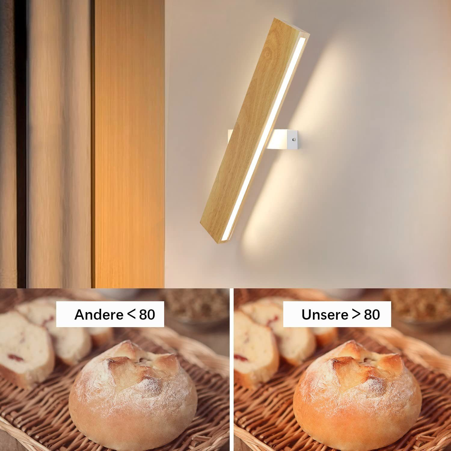 Lampada da parete in legno con luce, pane e muro.