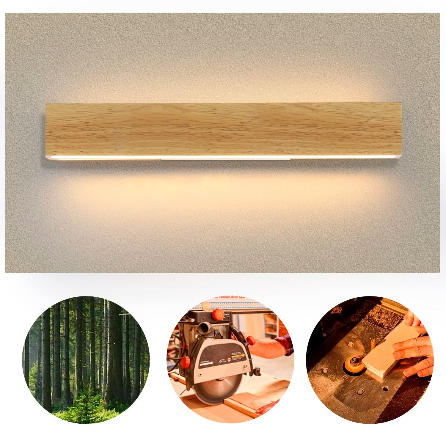 Lampada da parete in legno con striscia luminosa e tre immagini più piccole.
