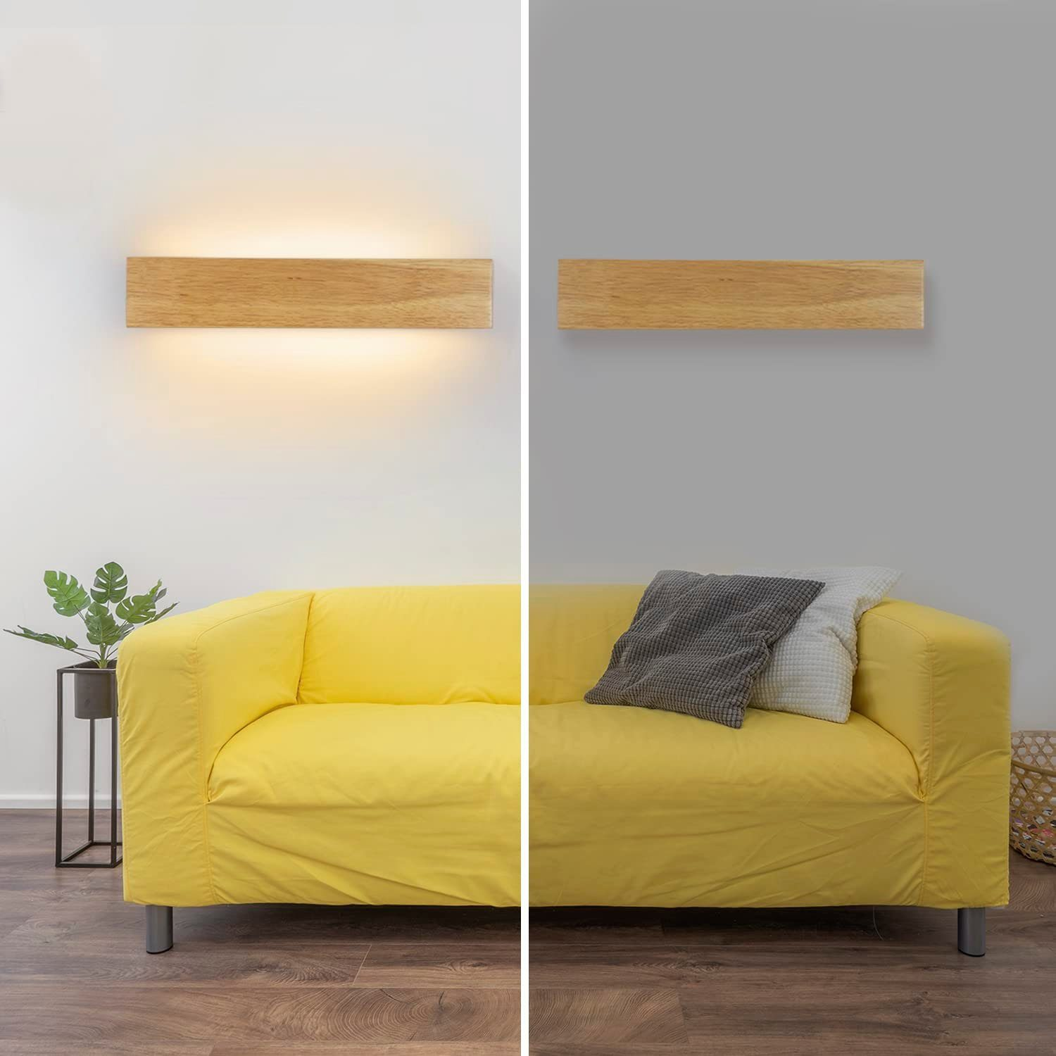 Due immagini. Una con la luce accesa, l'altra spenta. Divano giallo in primo piano. Pavimento in legno.