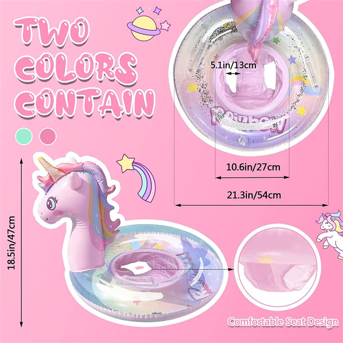 Rosa aufblasbares Einhorn-Schwimmtier mit Maßen. Bequemes Sitzdesign.
