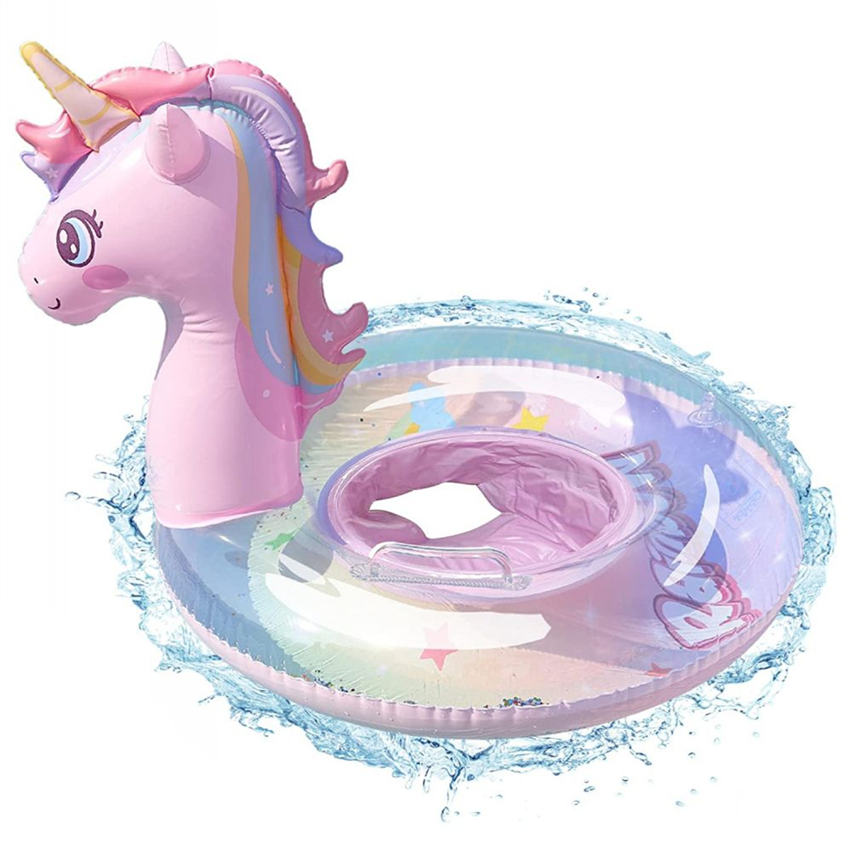 Ein rosa Einhorn-Schwimmreifen im Wasser, mit weißem Horn und Regenbogenmähne und Sitz.