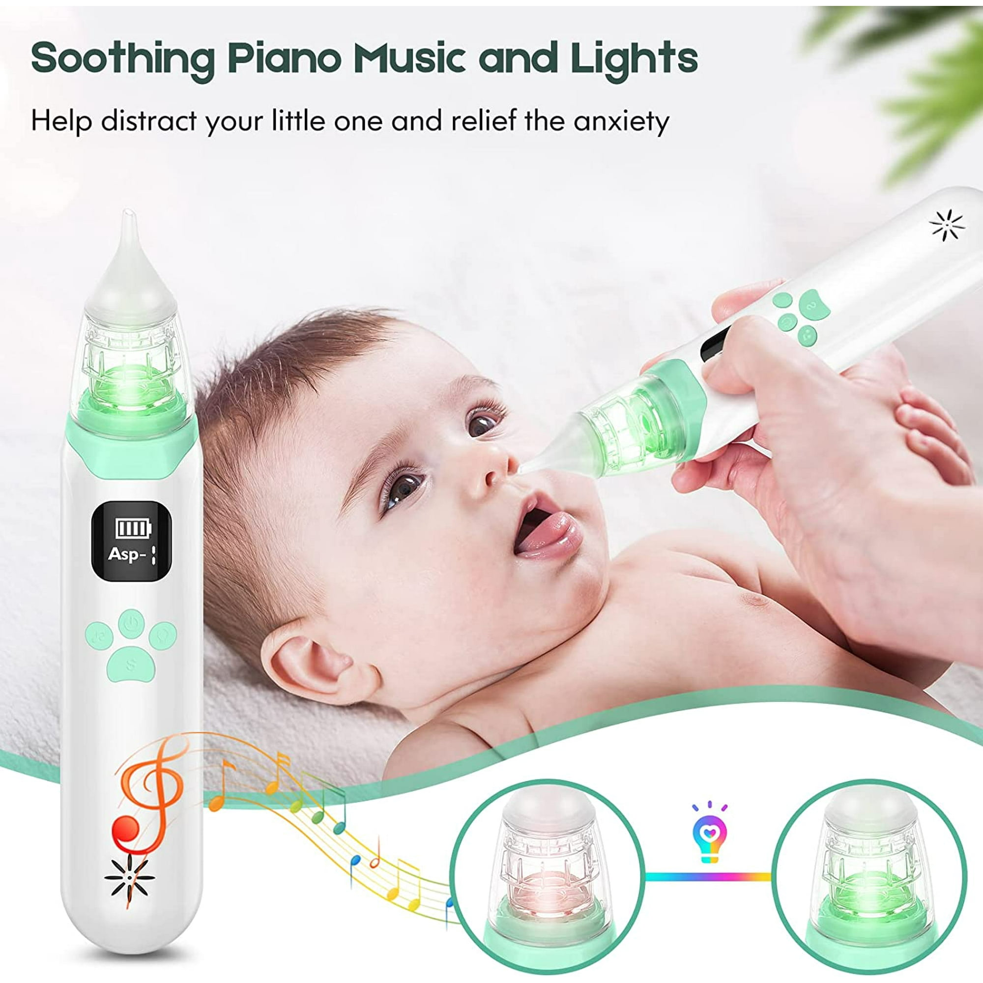 Baby mit Nasensauger. Der Aspirator hat ein Licht. Weißer Hintergrund.