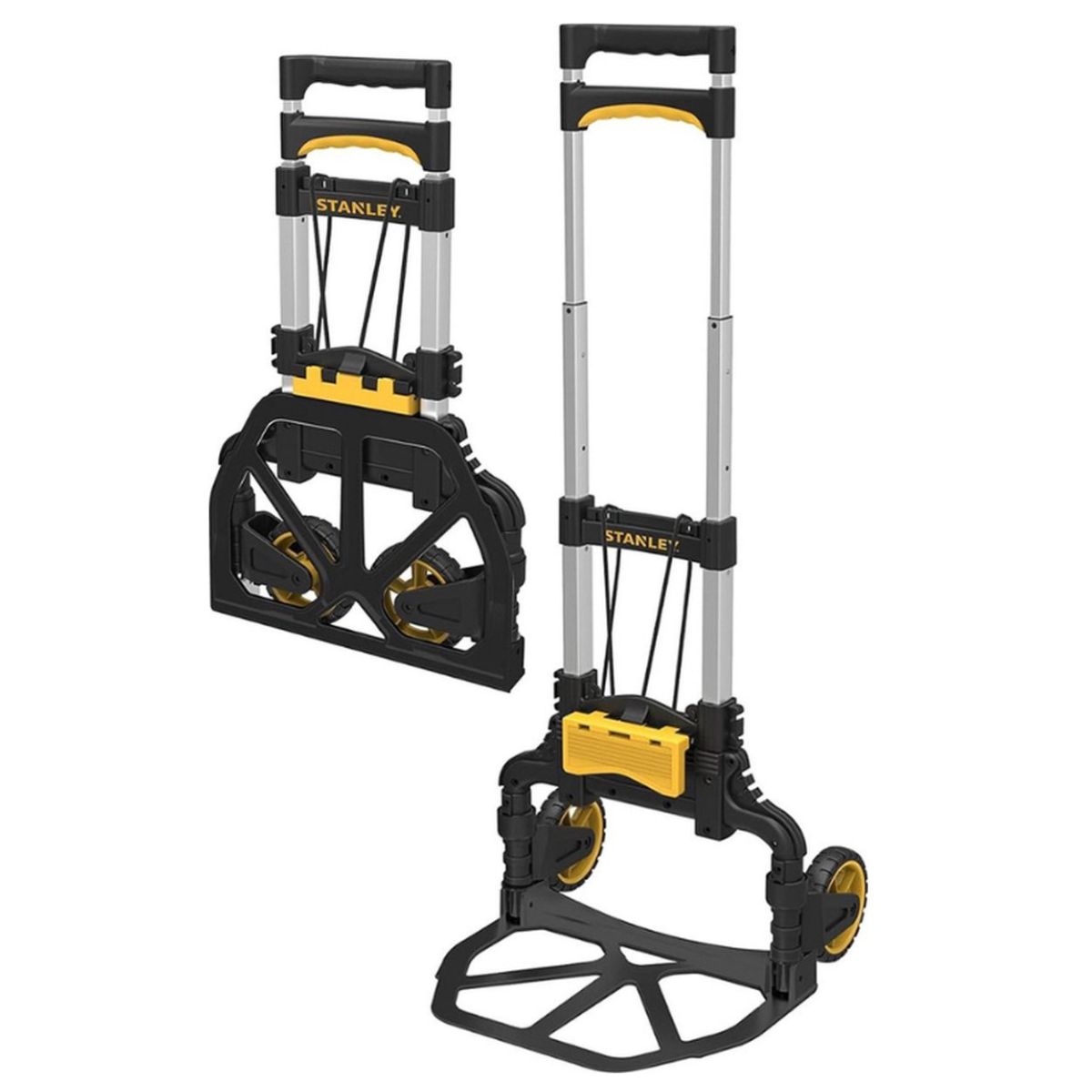 Two black and yellow Stanley folding hand trucks are on a white background.