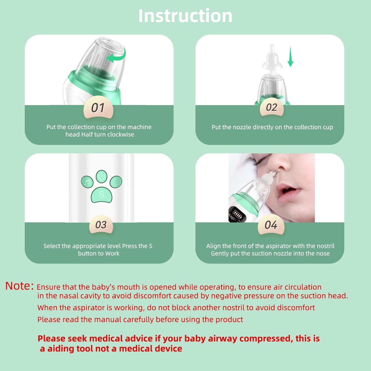 Anleitungsdiagramme zur Verwendung eines Nasensaugers für Babys mit Schritten und Warnungen.