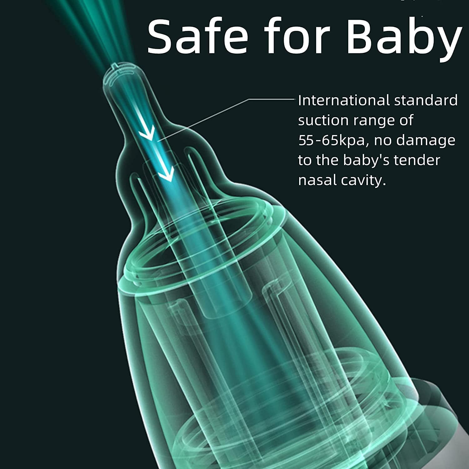 Nasensauger für Babys. Text: 'Sicher für Babys'. Pfeile zeigen den Saugvorgang. Transparent.