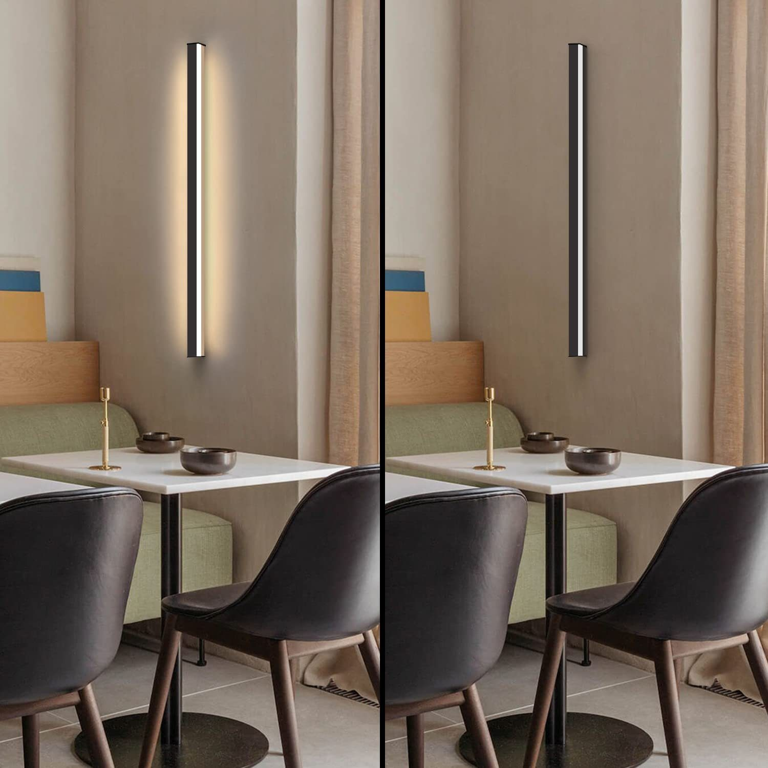 Dwa obrazy ściany z czarnymi pionowymi światłami oraz stołami z krzesłami w jadalni.
