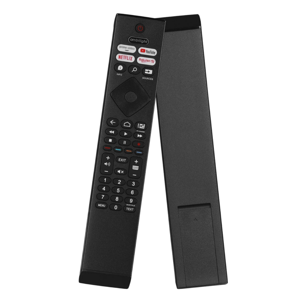Schwarze TV-Fernbedienung mit Knöpfen und einer Hülle. Netflix- und YouTube-Tasten sind sichtbar.