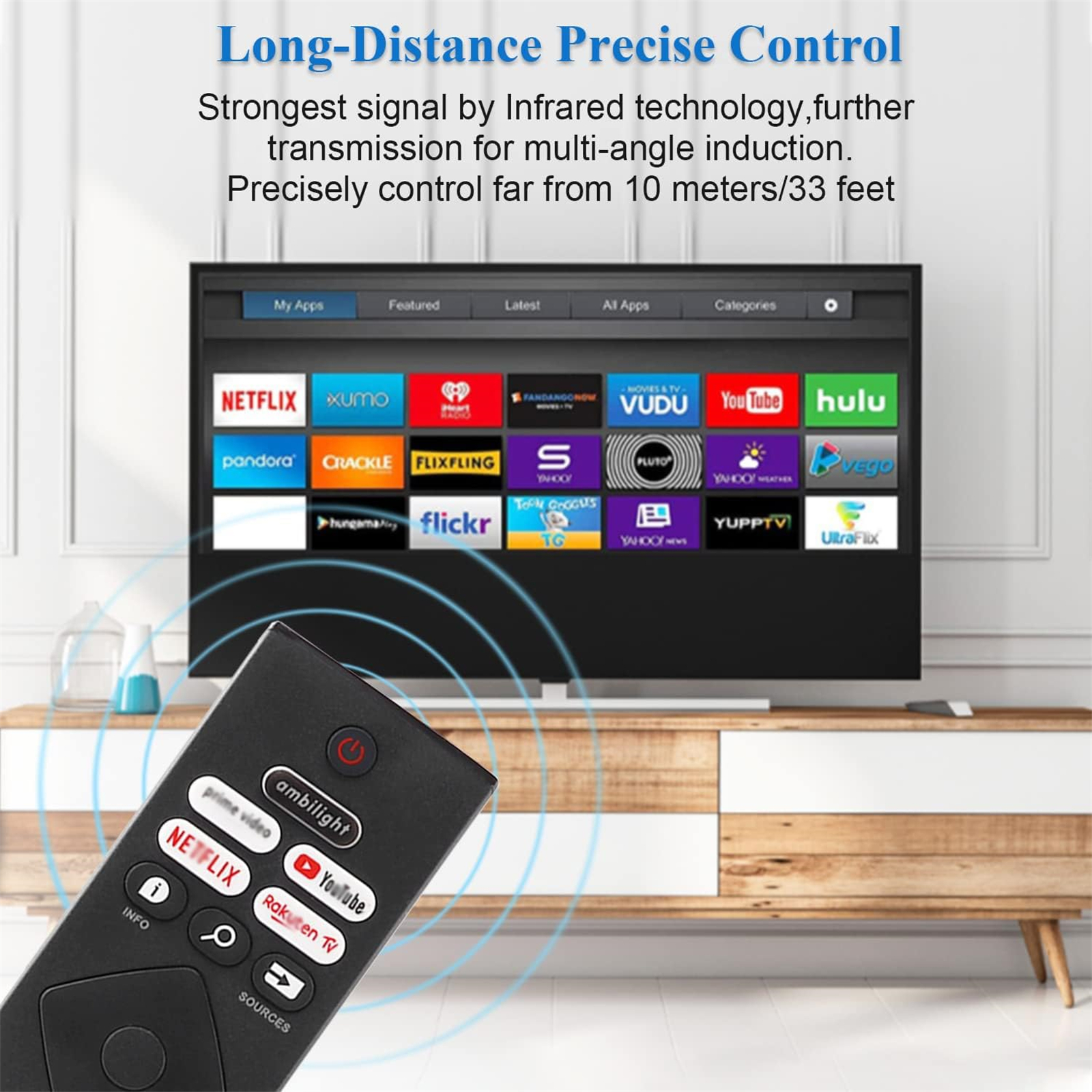 TV-Bildschirm mit App-Symbolen, Fernbedienung auf einem Holzständer.