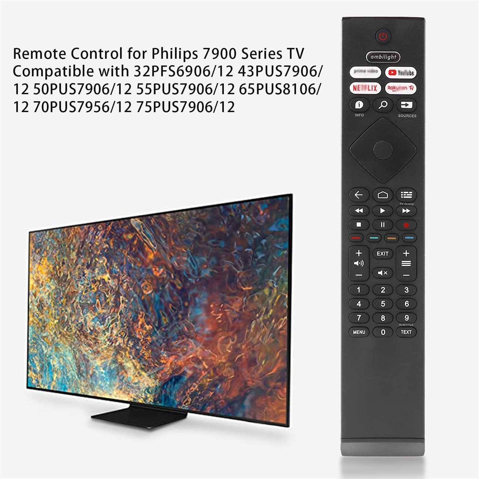 Fernbedienung und Philips Fernseher. Der Fernseher zeigt farbenfrohe abstrakte Kunst.