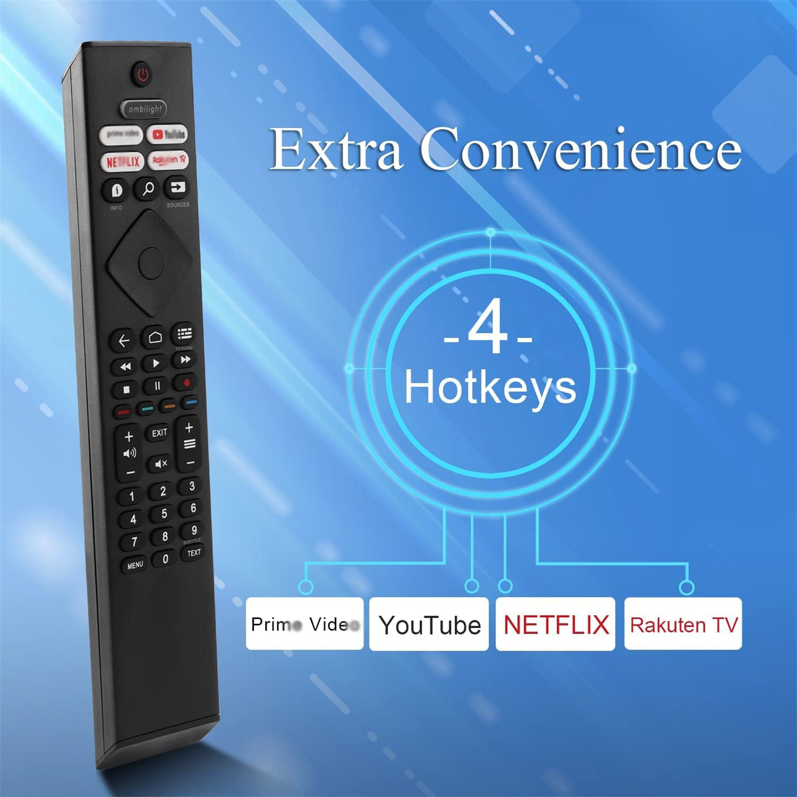 Fernbedienung mit Tasten, darunter Netflix, YouTube und Rakuten TV, blauer Hintergrund.