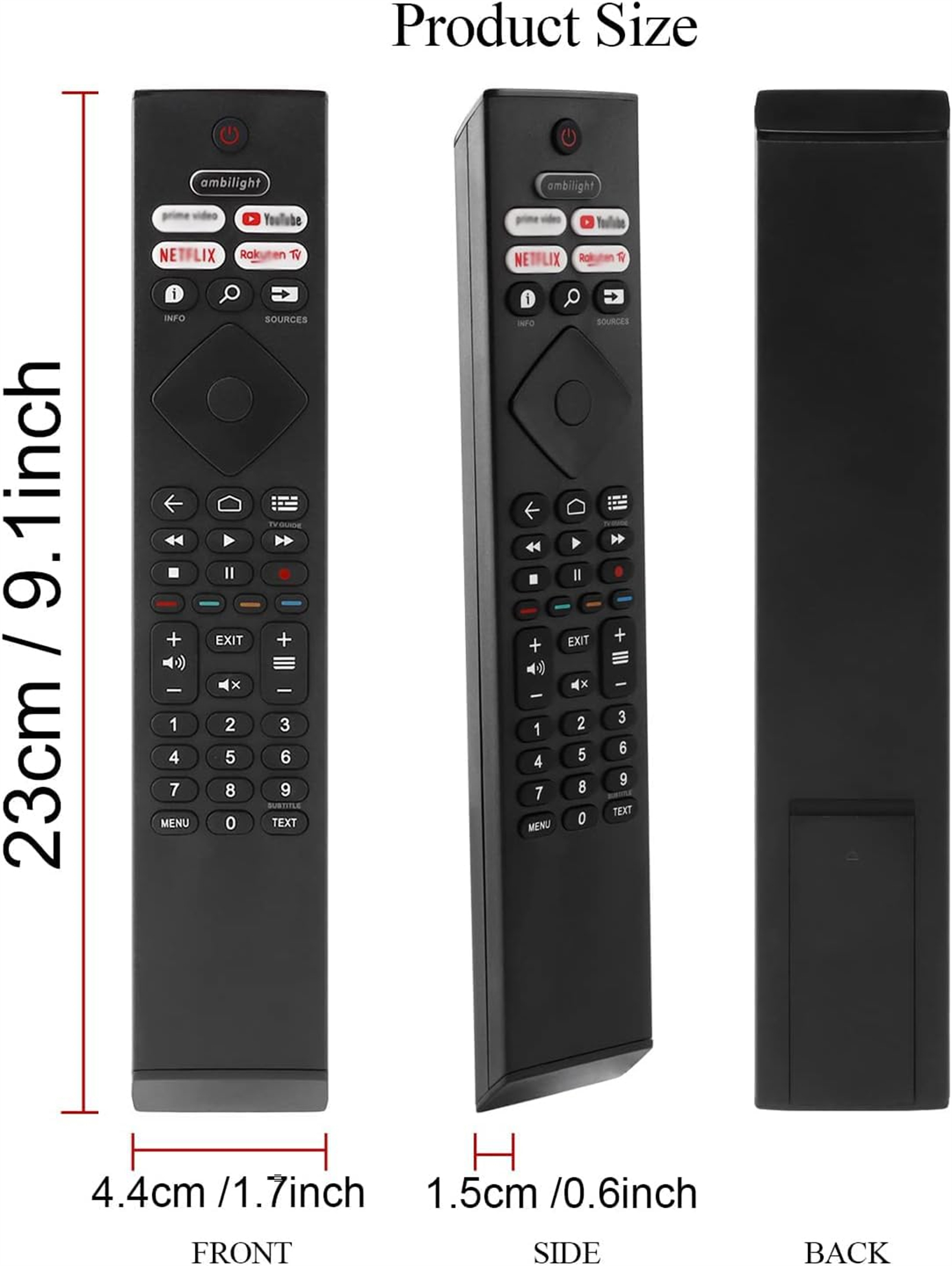 Schwarze TV-Fernbedienung. Vorder-, Seiten- und Rückansicht mit Abmessungen.