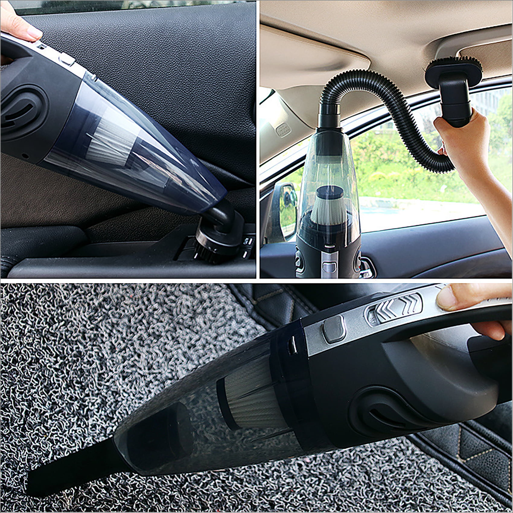 Schwarzer Autostaubsauger im Einsatz. Einer in der Autotür, einer am Dach, einer reinigt den Teppich.