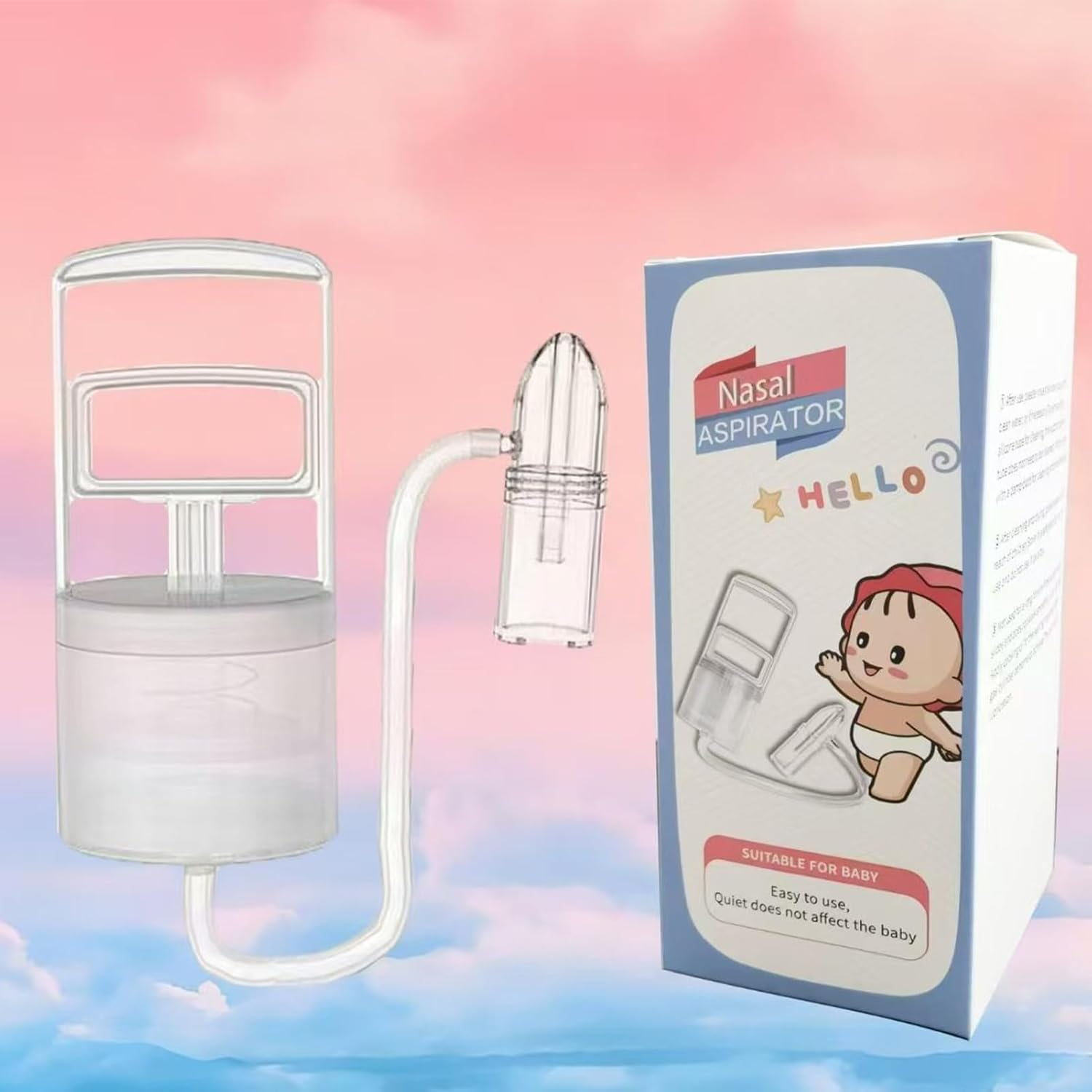 Ein Nasensauger und eine Box. Der Aspirator ist transparent, mit einem Baby-Cartoon auf der Box.